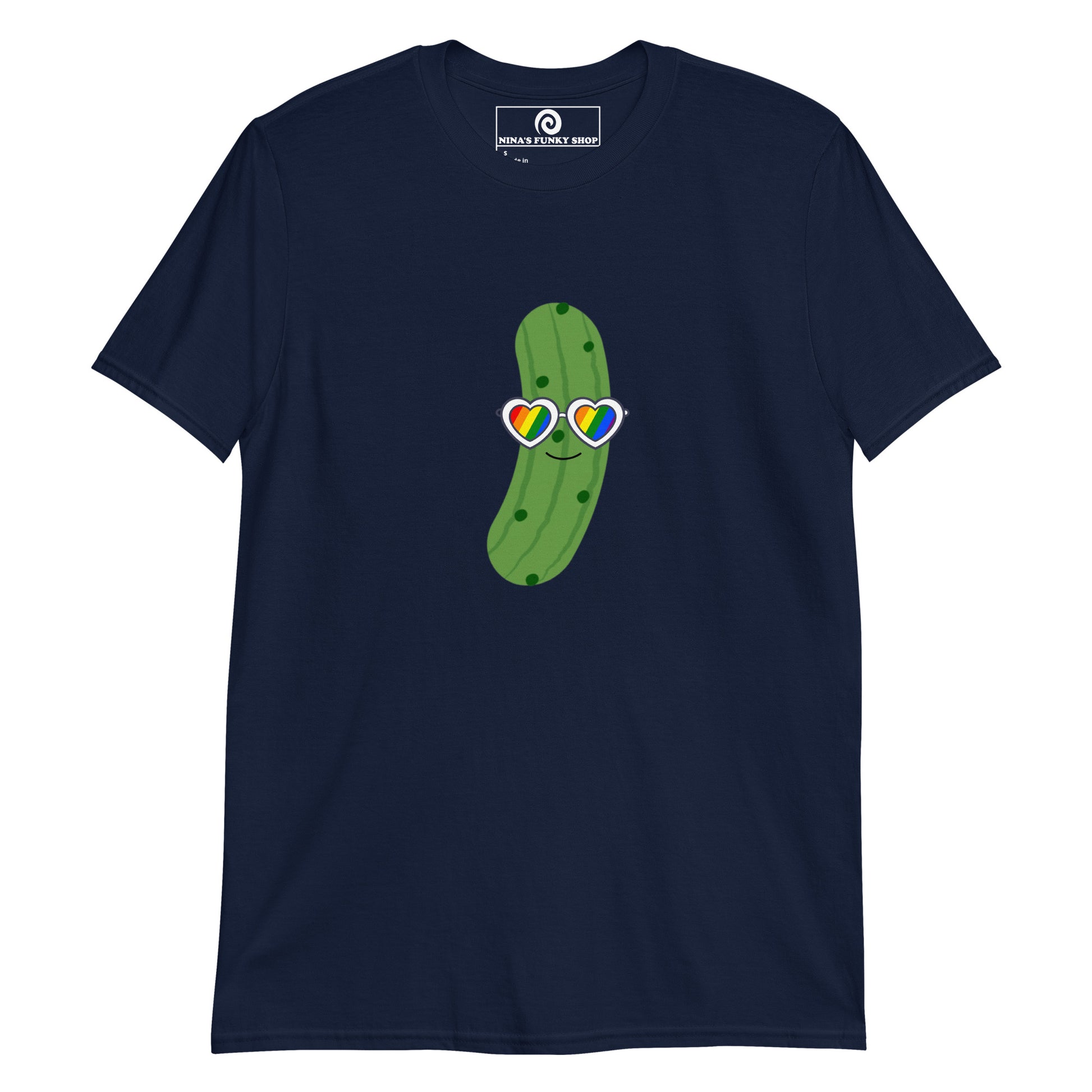 Navy Funny Pride T-shirt with Pickle Design - Our pride Pickle T-shirt is soft, comfortable and comes in a variety of colors with a funny pickle design wearing heart pride sunglasses. Eat your favorite pickles in this funny foodie tee. Stand out in our sarcastic graphic tees and funny foodie apparel. Designed by Nina and made just for you!