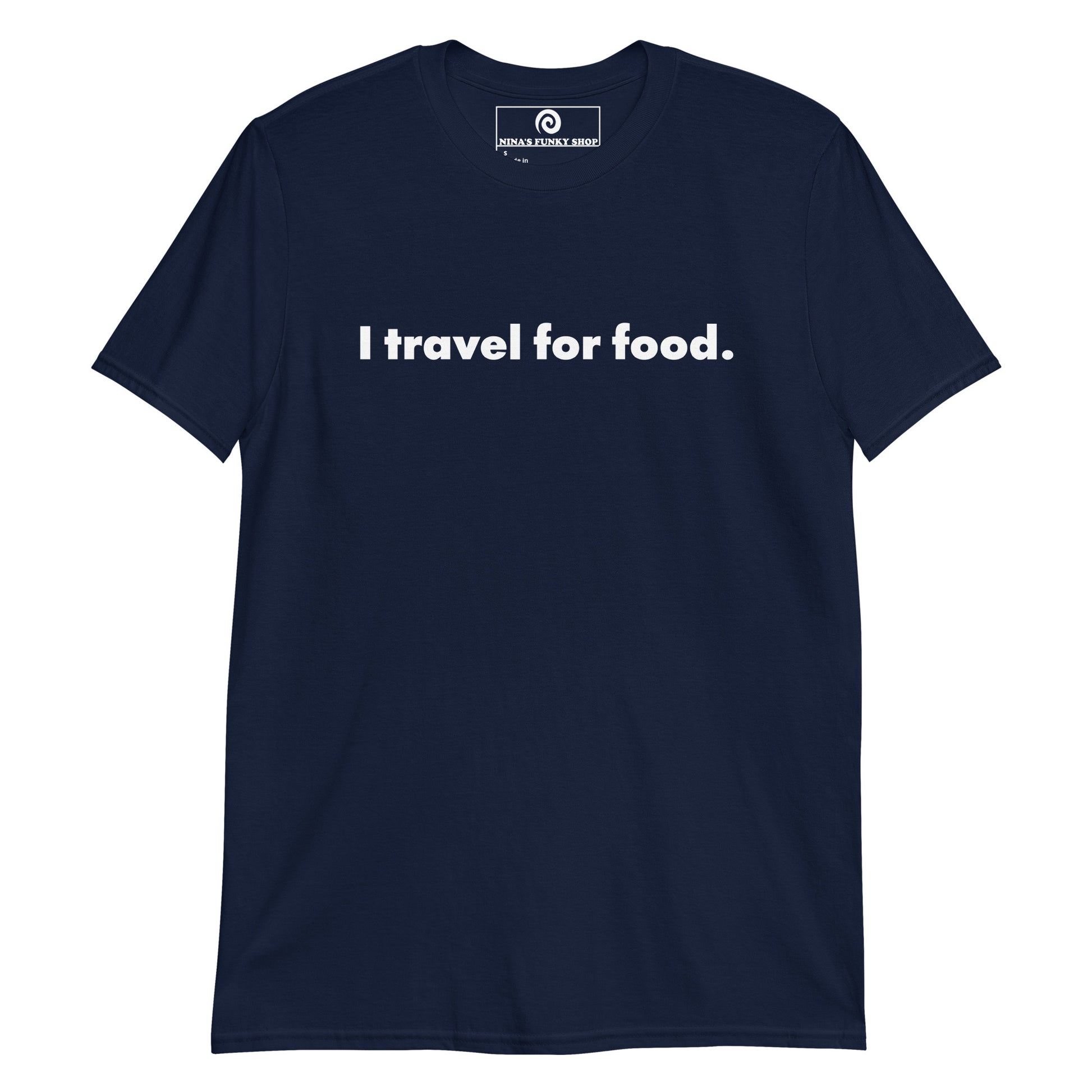 Navy I Travel For Food T-Shirt - What's the best part of travel? The food, of course! Our I Travel For Food T-Shirt is soft, comfortable and made just for you. It's a classic cotton tee with a funny travel saying, expertly printed on the front. Let the people know what you're all about in this travel foodie tee.