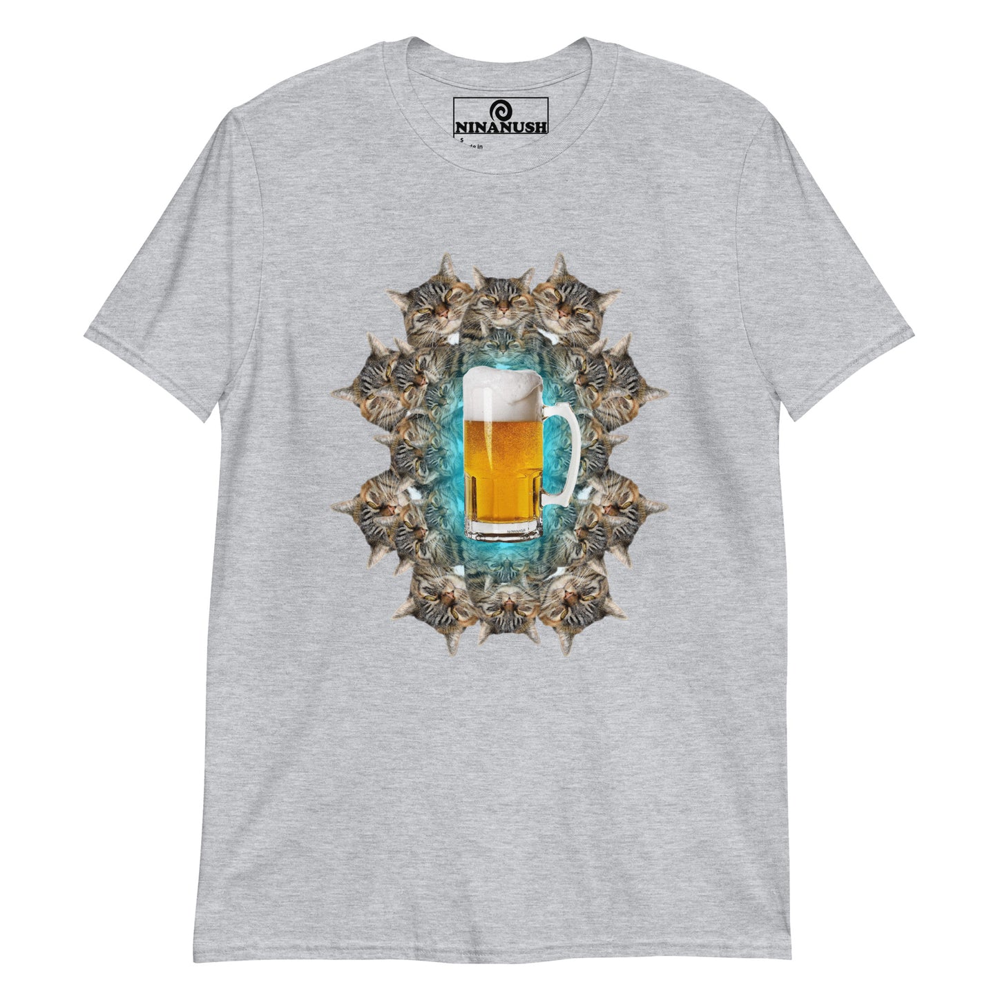 Gray beer and cats shirt from Nina's Funky Shop by ninanush - This cats and beer T-shirt has a funky cat design by Nina, expertly printed on the front. Add a little personality to your style in this funny cats and beer shirt. It's a colorful and weird graphic tee that's sure to turn heads. This quirky cat tee also makes a funny gift for a cat lover or beer enthusiast.