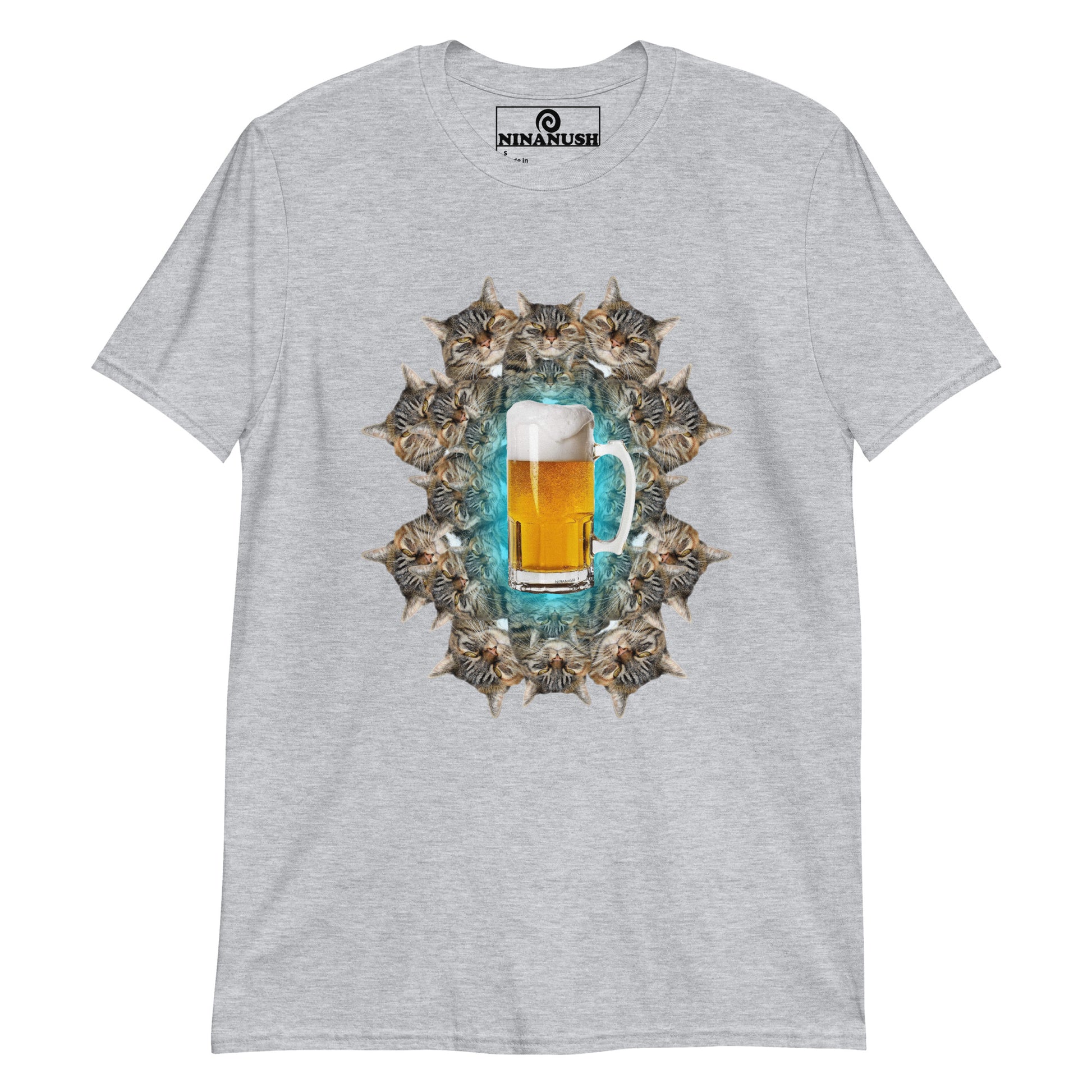 Gray beer and cats shirt from Nina's Funky Shop by ninanush - This cats and beer T-shirt has a funky cat design by Nina, expertly printed on the front. Add a little personality to your style in this funny cats and beer shirt. It's a colorful and weird graphic tee that's sure to turn heads. This quirky cat tee also makes a funny gift for a cat lover or beer enthusiast.