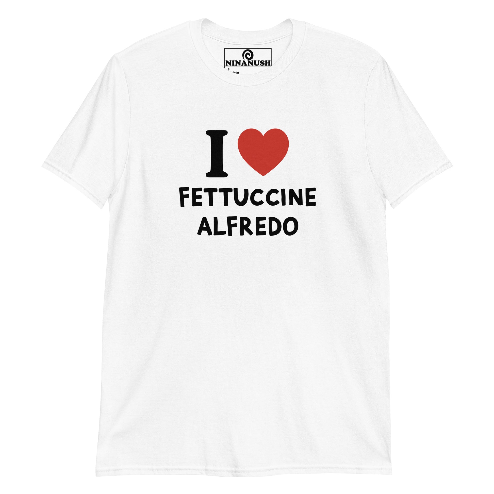 White I heart fettuccine Alfredo t-shirt from Nina's Funky Shop by ninanush - The I love fettuccine Alfredo t-shirt! A classic t-shirt for pasta lovers that stands out and makes a bold statement. Wear this funny foodie shirt and show off your fettuccine passion. It's designed for fettuccine Alfredo enthusiasts and made just for you, or give it as a unique gift for a fettuccine Alfredo lover.