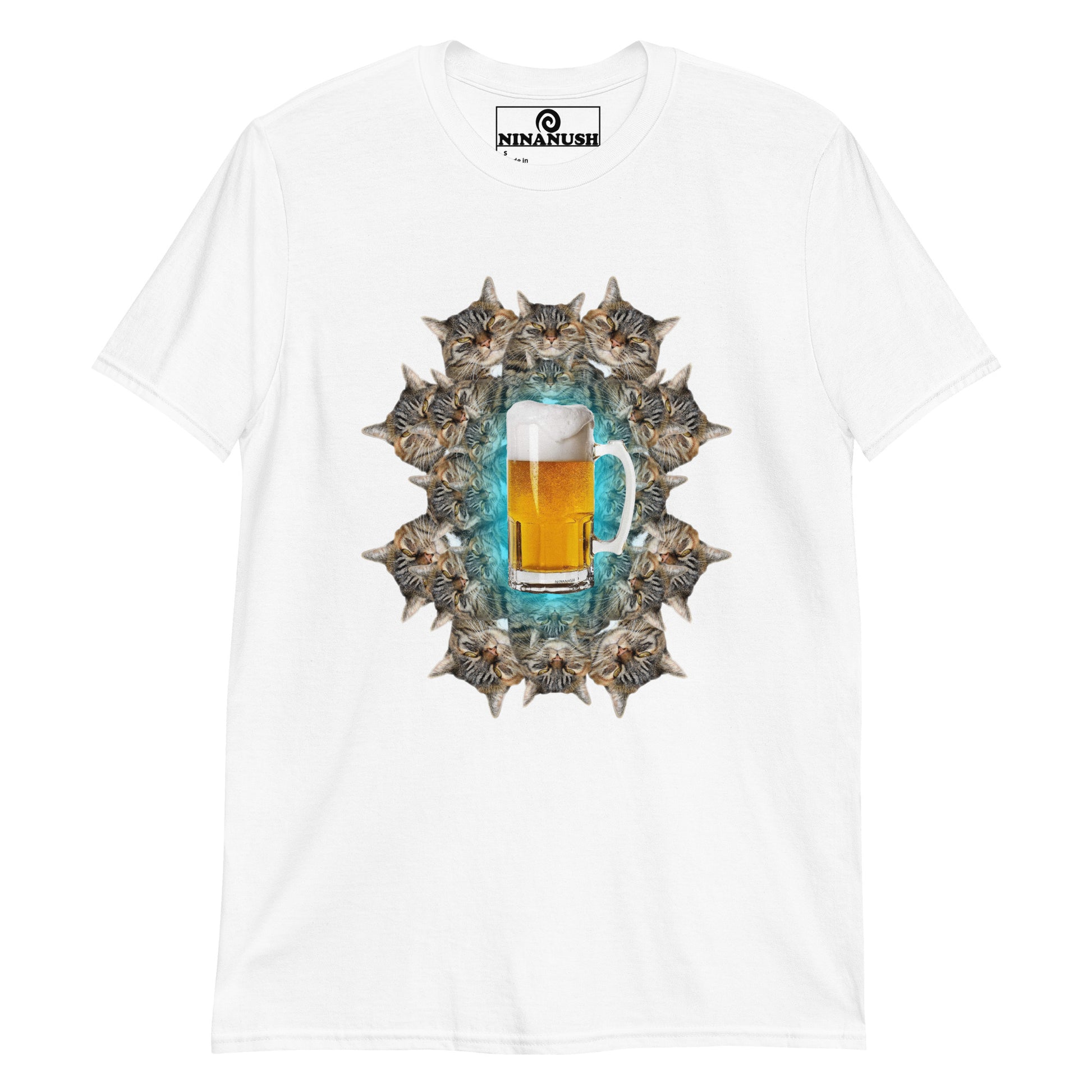 White beer and cats shirt from Nina's Funky Shop by ninanush - This cats and beer T-shirt has a funky cat design by Nina, expertly printed on the front. Add a little personality to your style in this funny cats and beer shirt. It's a colorful and weird graphic tee that's sure to turn heads. This quirky cat tee also makes a funny gift for a cat lover or beer enthusiast.