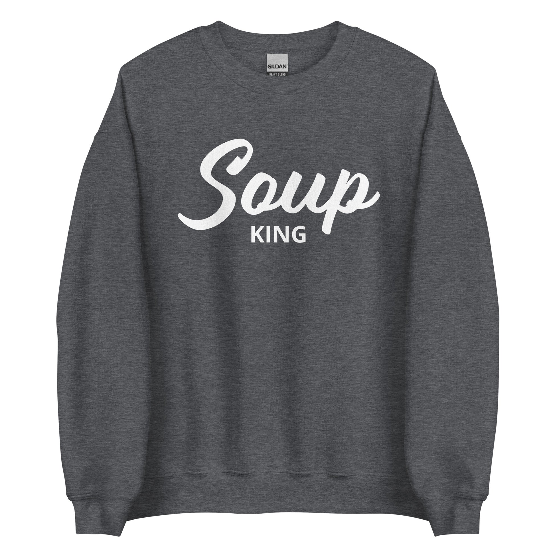 Dark Gray Soup King Sweatshirt from Nina's Funky Shop by ninanush - Do you love soup? Looking for a funny gift for a soup lover? Our Soup King Crewneck Sweatshirt is just what you need. It's a unisex soup sweatshirt that comes in a variety of colors with "soup king" on the front. This funny soup sweatshirt is made just for you. Celebrate your favorite foods in our funky foodie apparel.