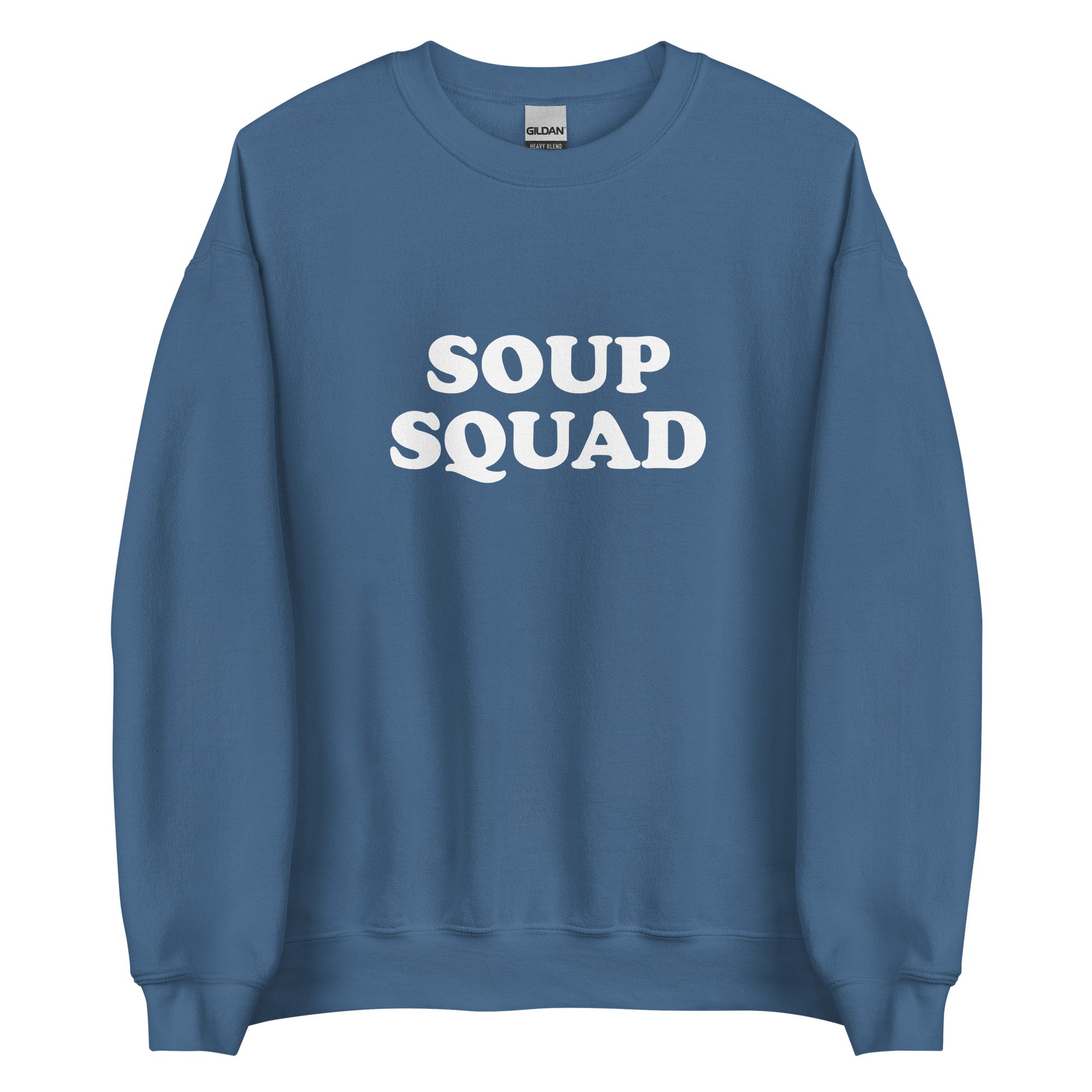 Indigo Blue Soup Squad Crewneck Sweatshirt from Nina's Funky Shop by ninanush - Do you love soup? Looking for a funny gift? Our Soup Squad Crewneck Sweatshirt is soft, comfortable and just what you need. It's a unisex sweatshirt that comes in a variety of colors with "Soup Squad", expertly printed on the front. A unique and funny sweatshirt for cozy nights in or stand out Soup Lover streetwear.