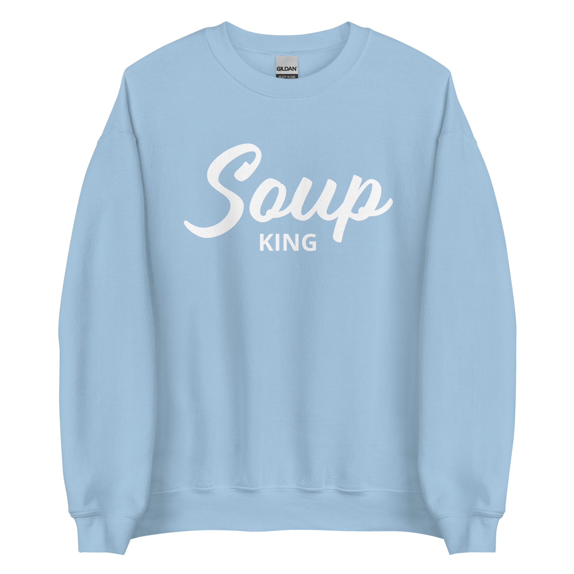 Light Blue Soup King Sweatshirt from Nina's Funky Shop by ninanush - Do you love soup? Looking for a funny gift for a soup lover? Our Soup King Crewneck Sweatshirt is just what you need. It's a unisex soup sweatshirt that comes in a variety of colors with "soup king" on the front. This funny soup sweatshirt is made just for you. Celebrate your favorite foods in our funky foodie apparel.