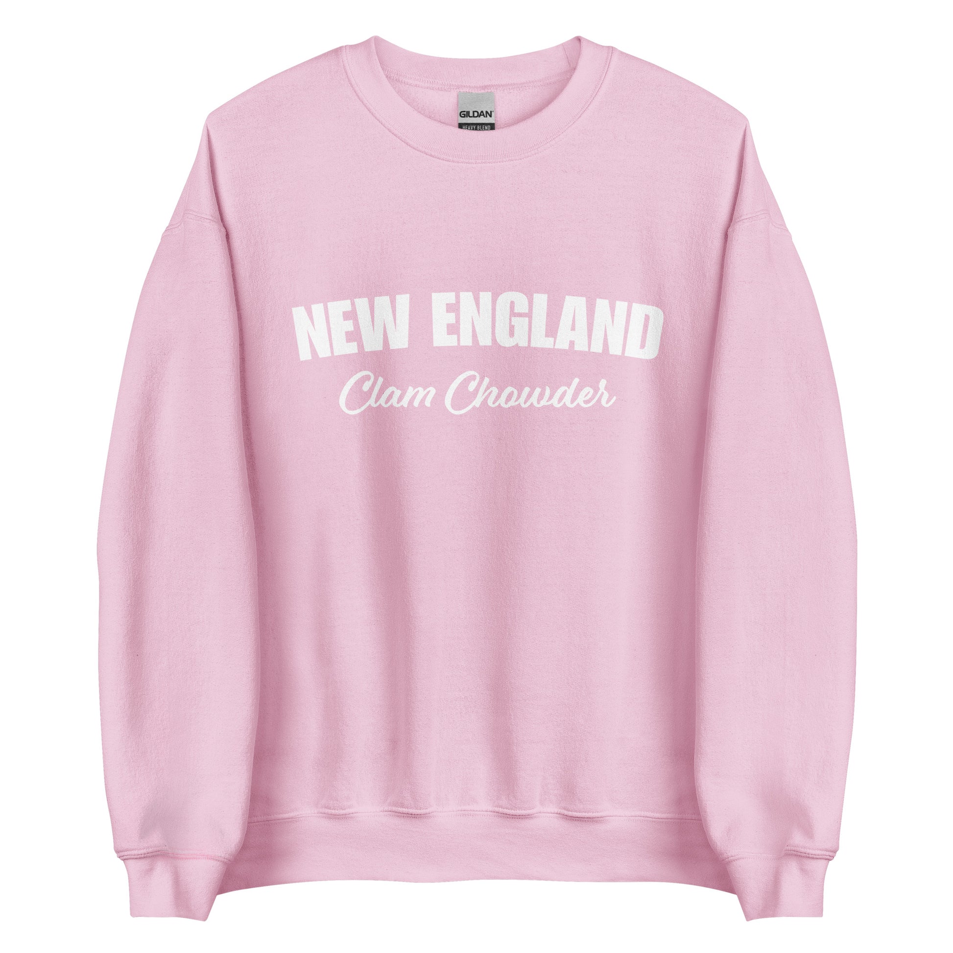 Light Pink New England Clam Chowder Sweatshirt from Nina's Funky Shop by ninanush - Do you love New England Clam Chowder? Looking for a gift for your favorite New Englander? Introducing our New England Clam Chowder Sweatshirt! It's soft, comfortable and a funny foodie sweatshirt for Chowder lovers. This crew neck sweatshirt comes in a variety of colors with "New England Clam Chowder" on the front.