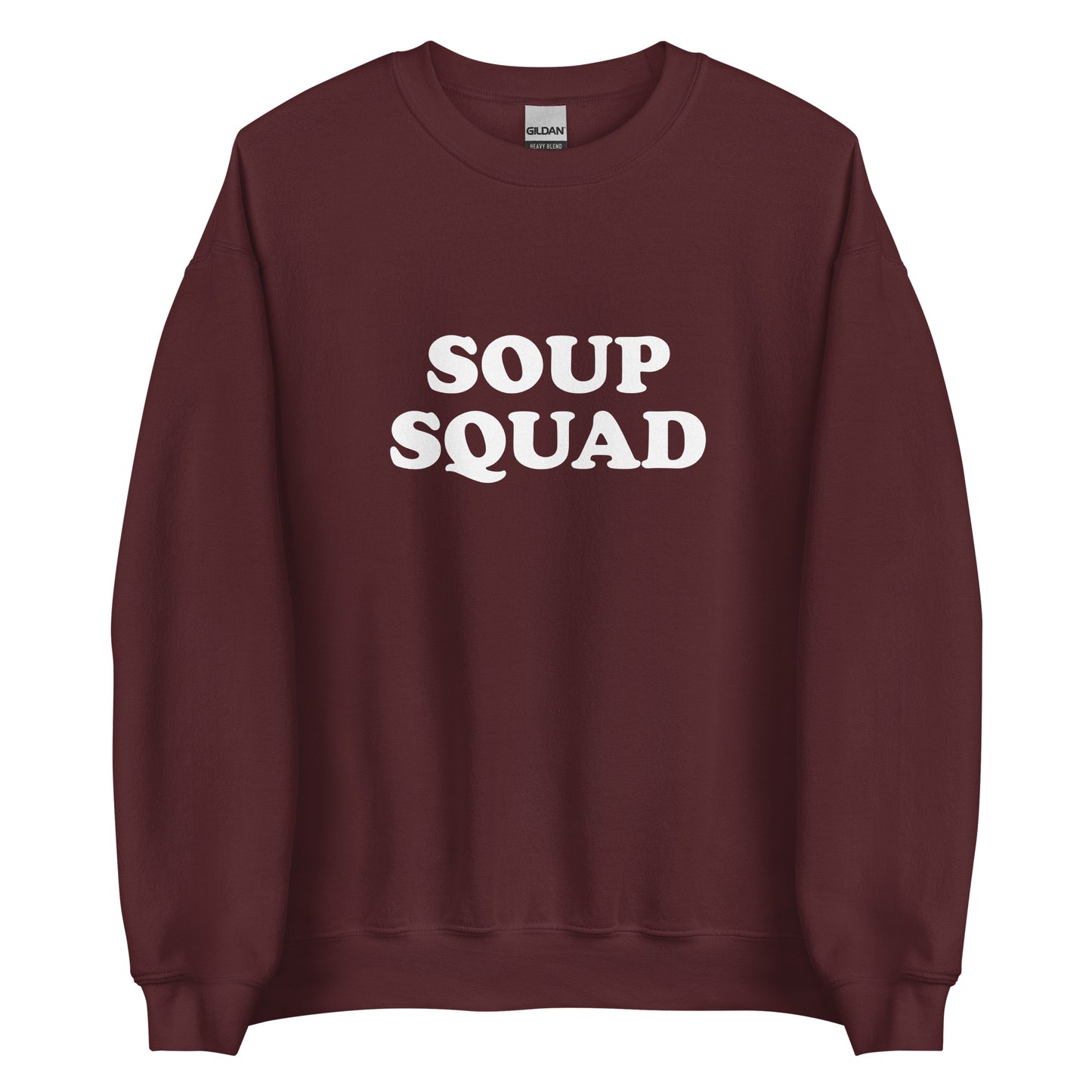 Maroon Soup Squad Crewneck Sweatshirt from Nina's Funky Shop by ninanush - Do you love soup? Looking for a funny gift? Our Soup Squad Crewneck Sweatshirt is soft, comfortable and just what you need. It's a unisex sweatshirt that comes in a variety of colors with "Soup Squad", expertly printed on the front. A unique and funny sweatshirt for cozy nights in or stand out Soup Lover streetwear.