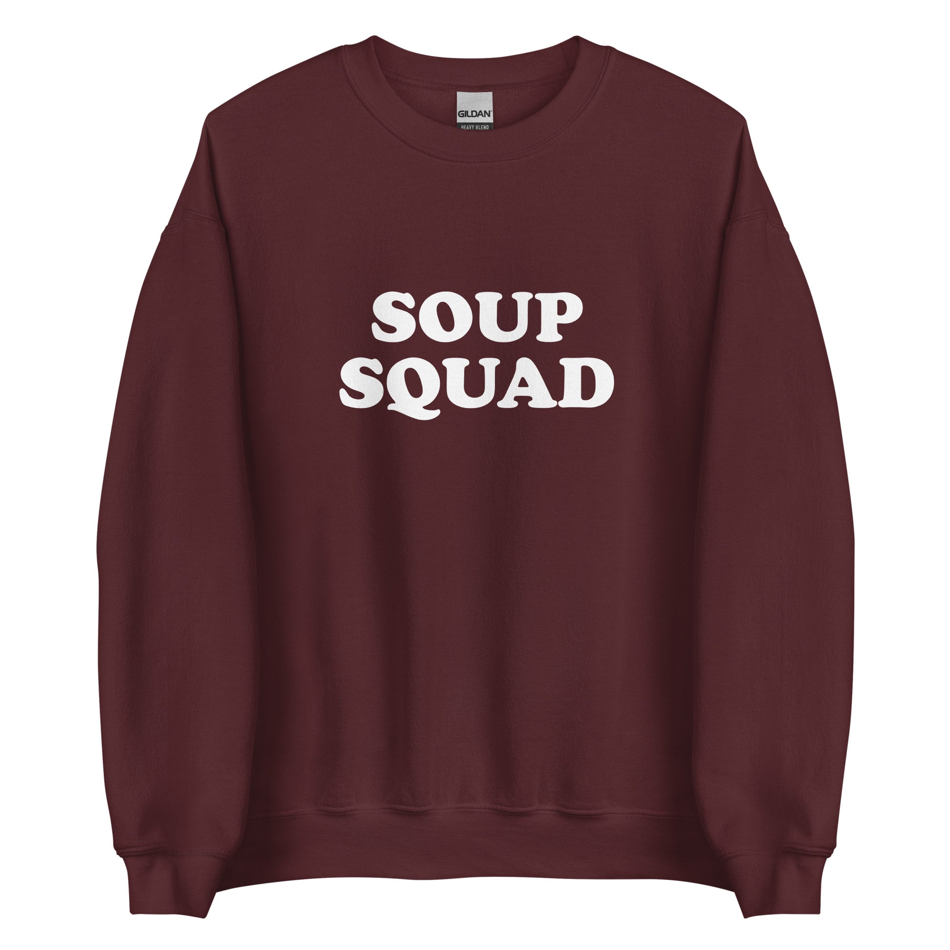 Maroon Soup Squad Crewneck Sweatshirt from Nina's Funky Shop by ninanush - Do you love soup? Looking for a funny gift? Our Soup Squad Crewneck Sweatshirt is soft, comfortable and just what you need. It's a unisex sweatshirt that comes in a variety of colors with "Soup Squad", expertly printed on the front. A unique and funny sweatshirt for cozy nights in or stand out Soup Lover streetwear.