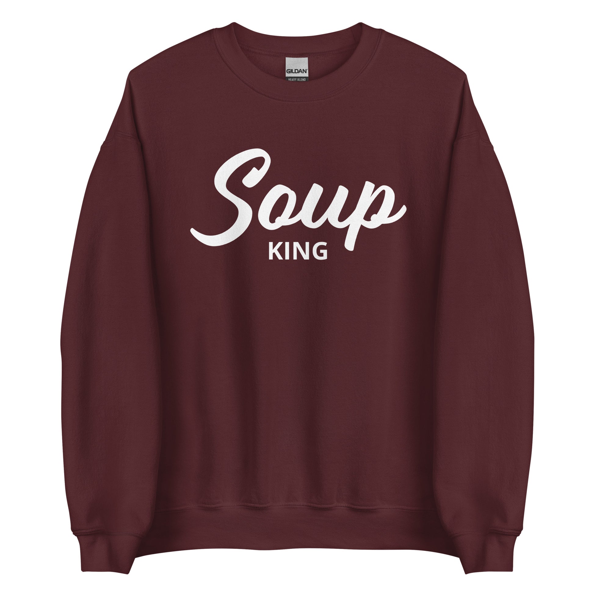 Maroon Soup King Sweatshirt from Nina's Funky Shop by ninanush - Do you love soup? Looking for a funny gift for a soup lover? Our Soup King Crewneck Sweatshirt is just what you need. It's a unisex soup sweatshirt that comes in a variety of colors with "soup king" on the front. This funny soup sweatshirt is made just for you. Celebrate your favorite foods in our funky foodie apparel.