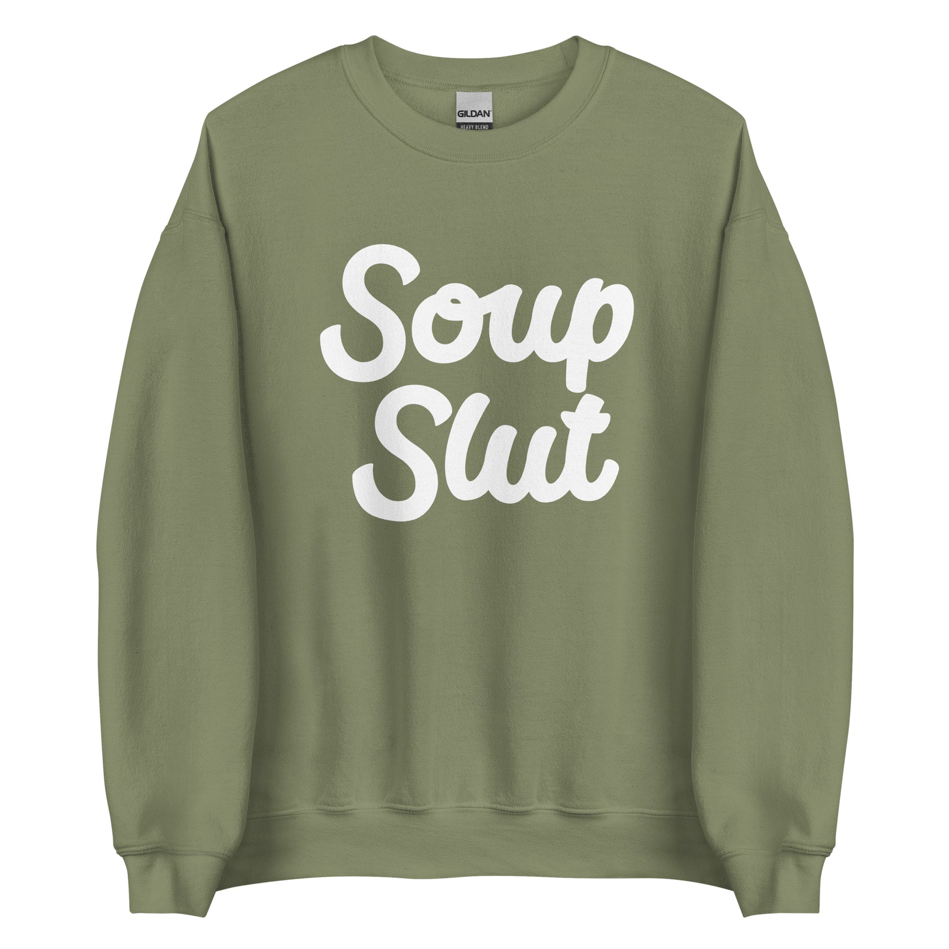 Army Green Soup Slut Sweatshirt from Nina's Funky Shop by ninanush - Do you love soup? Looking for a funny gift? Our Soup Slut Crewneck Sweatshirt is soft, comfortable and just what you need. It's a unisex foodie sweatshirt with "soup slut" on the front. A funny foodie sweatshirt for cozy nights in or stand out soup lover streetwear. This soup enthusiast sweatshirt is made just for you.