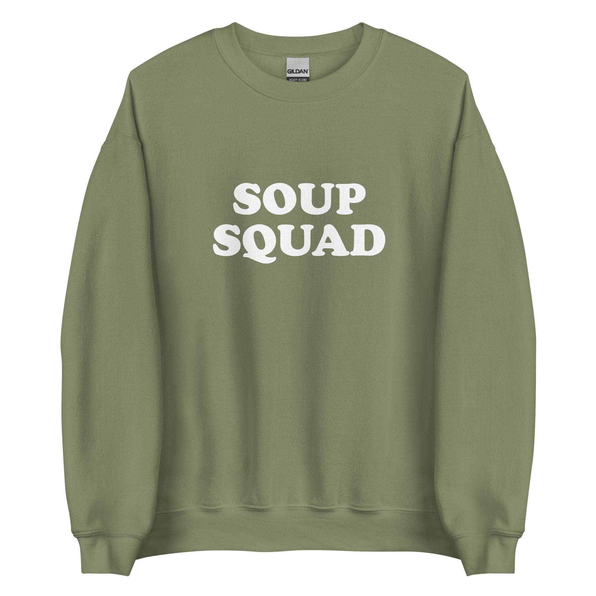 Army Green Soup Squad Crewneck Sweatshirt from Nina's Funky Shop by ninanush - Do you love soup? Looking for a funny gift? Our Soup Squad Crewneck Sweatshirt is soft, comfortable and just what you need. It's a unisex sweatshirt that comes in a variety of colors with "Soup Squad", expertly printed on the front. A unique and funny sweatshirt for cozy nights in or stand out Soup Lover streetwear.