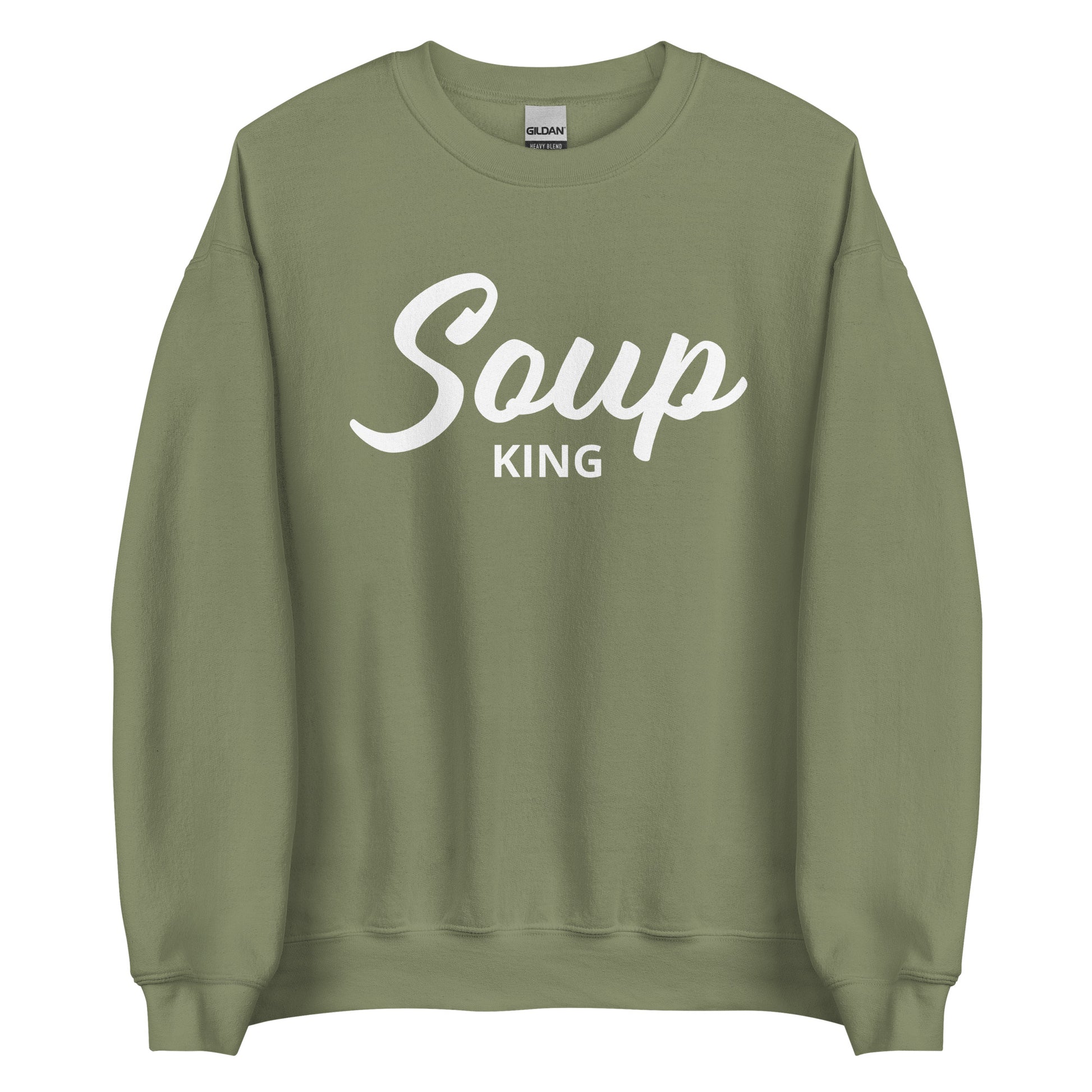 Army Green Soup King Sweatshirt from Nina's Funky Shop by ninanush - Do you love soup? Looking for a funny gift for a soup lover? Our Soup King Crewneck Sweatshirt is just what you need. It's a unisex soup sweatshirt that comes in a variety of colors with "soup king" on the front. This funny soup sweatshirt is made just for you. Celebrate your favorite foods in our funky foodie apparel.