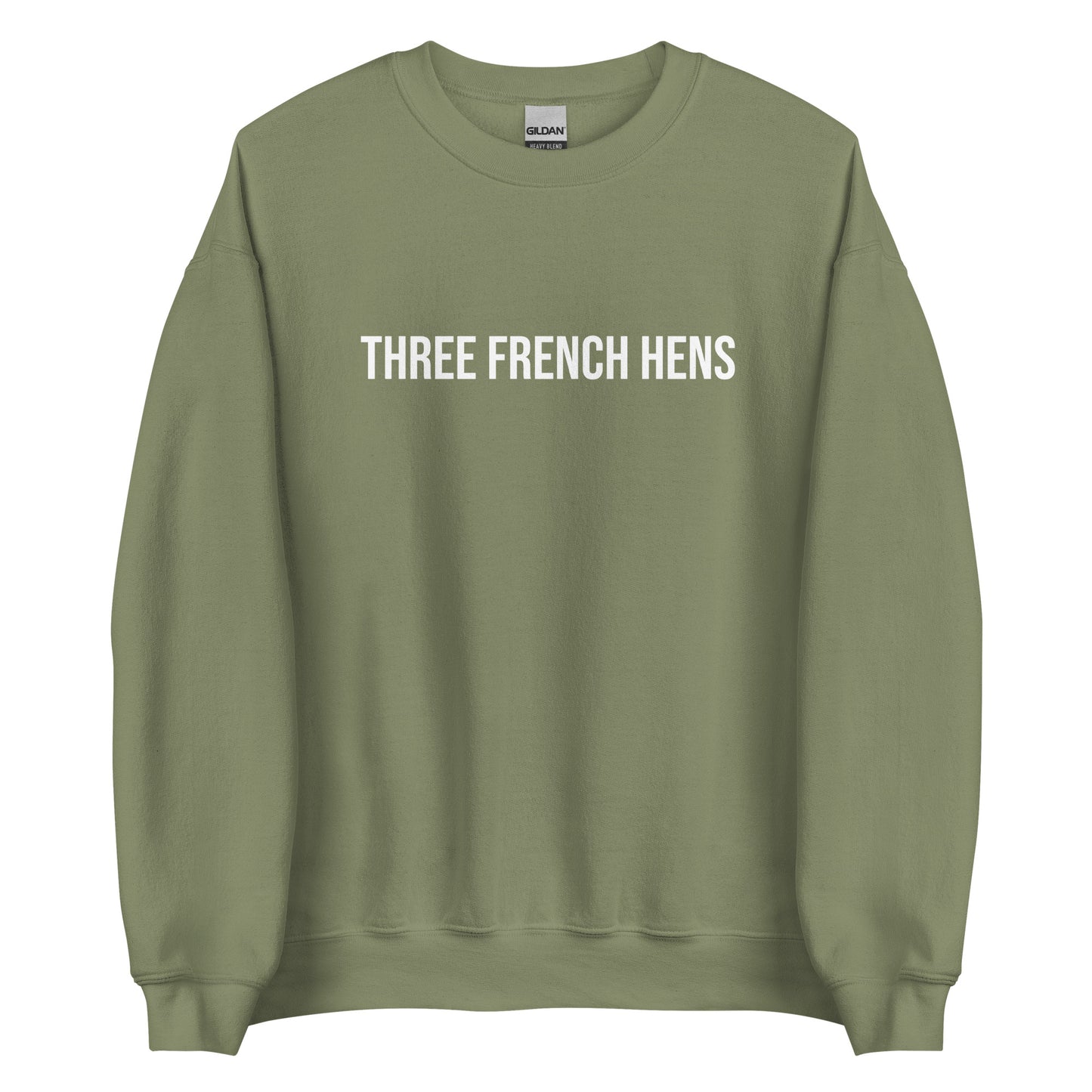 Army Green Three French Hens Sweatshirt from Nina's Funky Shop by ninanush - Looking for a unique holiday sweater? A funny Christmas gift? Our Three French Hens Crewneck Sweatshirt is made just for you. It comes in a variety of colors with "Three French Hens" on the front. Designed by Nina, this funny Christmas sweatshirt is perfect for a holiday party or a quirky sweatshirt for everyday.