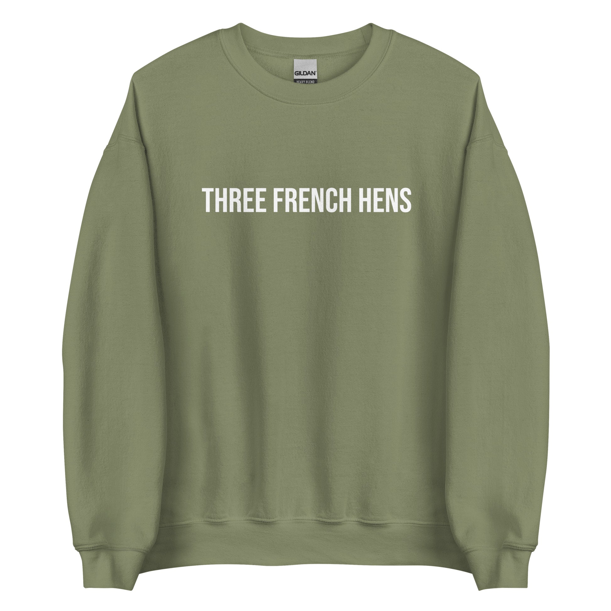 Army Green Three French Hens Sweatshirt from Nina's Funky Shop by ninanush - Looking for a unique holiday sweater? A funny Christmas gift? Our Three French Hens Crewneck Sweatshirt is made just for you. It comes in a variety of colors with "Three French Hens" on the front. Designed by Nina, this funny Christmas sweatshirt is perfect for a holiday party or a quirky sweatshirt for everyday.