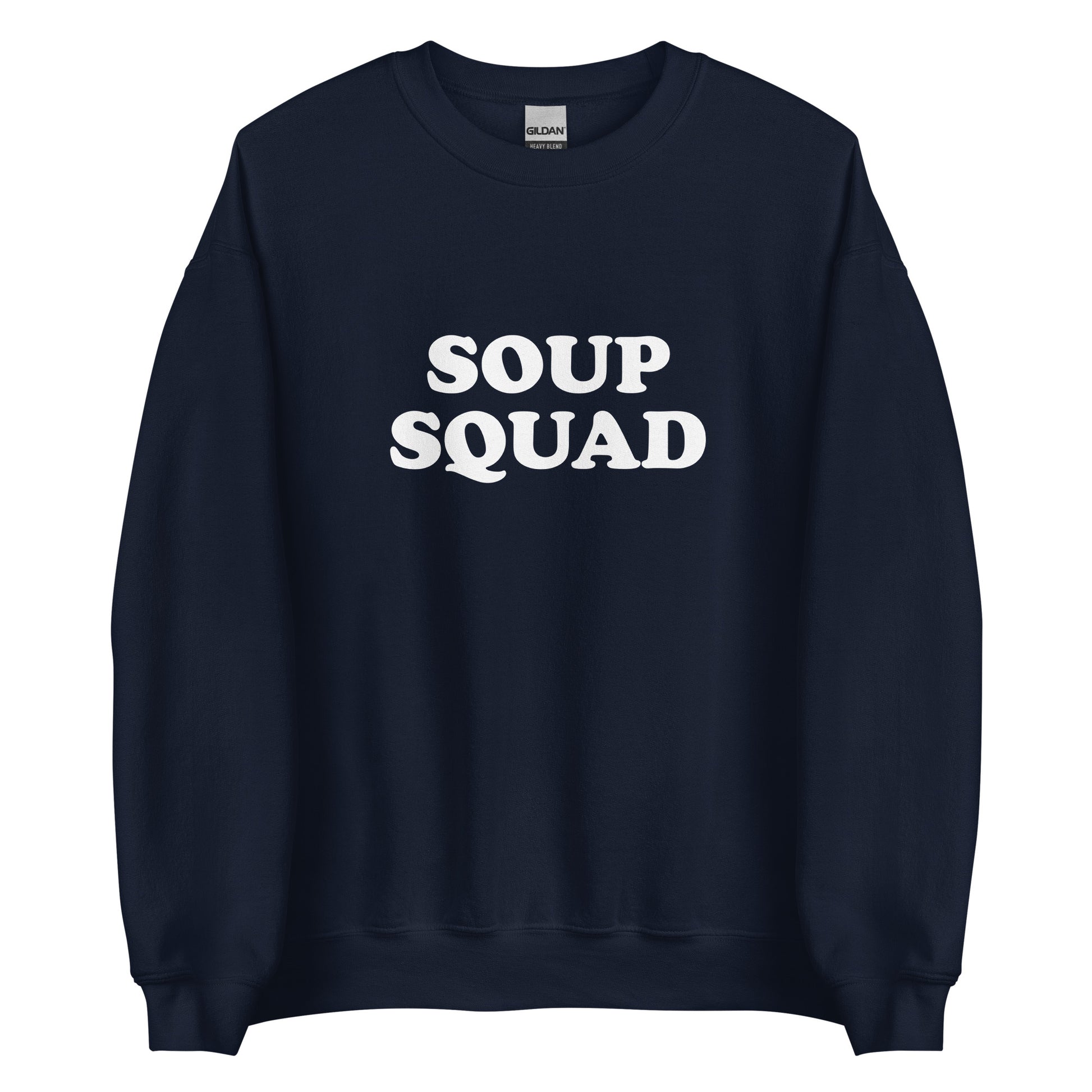 Navy Soup Squad Crewneck Sweatshirt from Nina's Funky Shop by ninanush - Do you love soup? Looking for a funny gift? Our Soup Squad Crewneck Sweatshirt is soft, comfortable and just what you need. It's a unisex sweatshirt that comes in a variety of colors with "Soup Squad", expertly printed on the front. A unique and funny sweatshirt for cozy nights in or stand out Soup Lover streetwear.