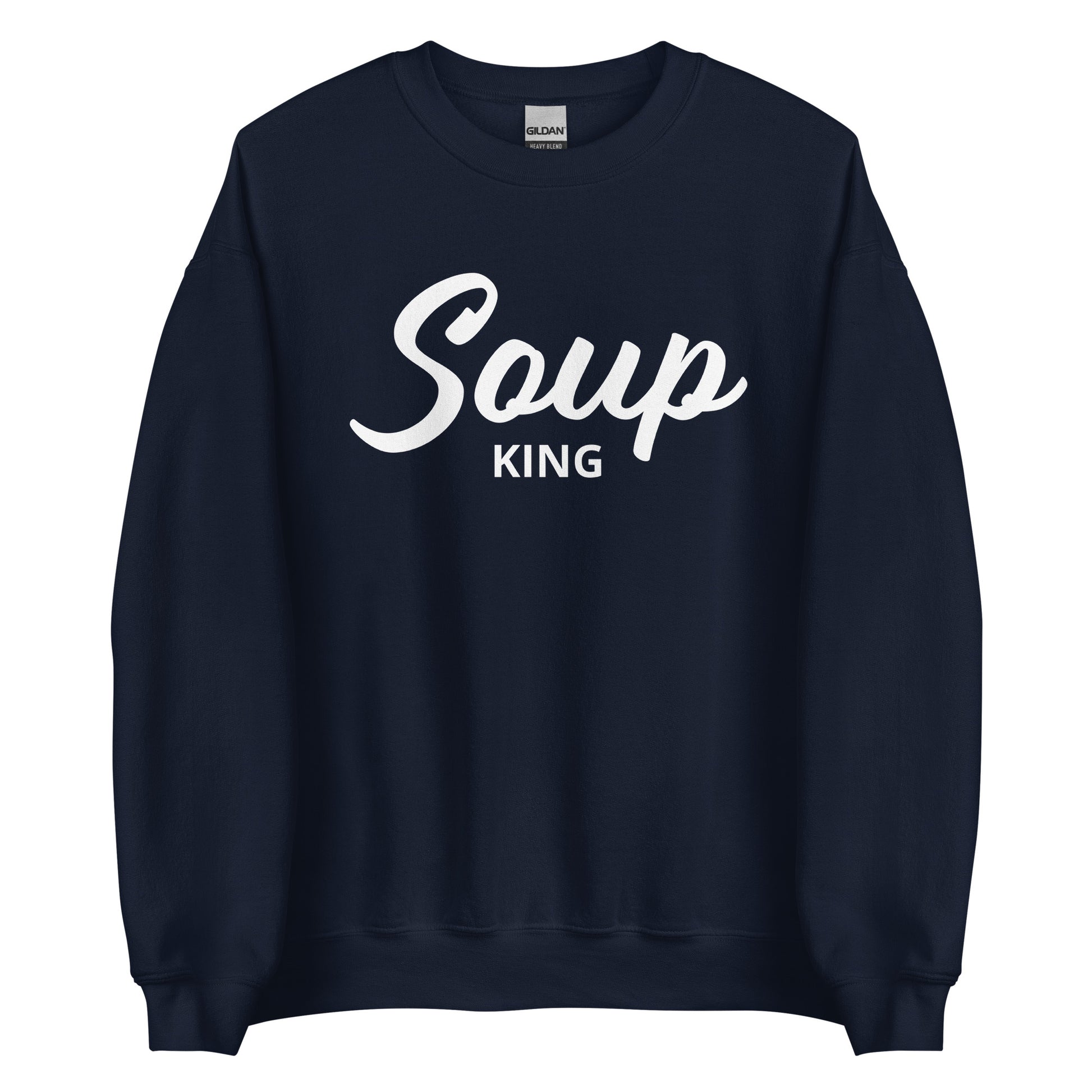 Navy Soup King Sweatshirt from Nina's Funky Shop by ninanush - Do you love soup? Looking for a funny gift for a soup lover? Our Soup King Crewneck Sweatshirt is just what you need. It's a unisex soup sweatshirt that comes in a variety of colors with "soup king" on the front. This funny soup sweatshirt is made just for you. Celebrate your favorite foods in our funky foodie apparel.