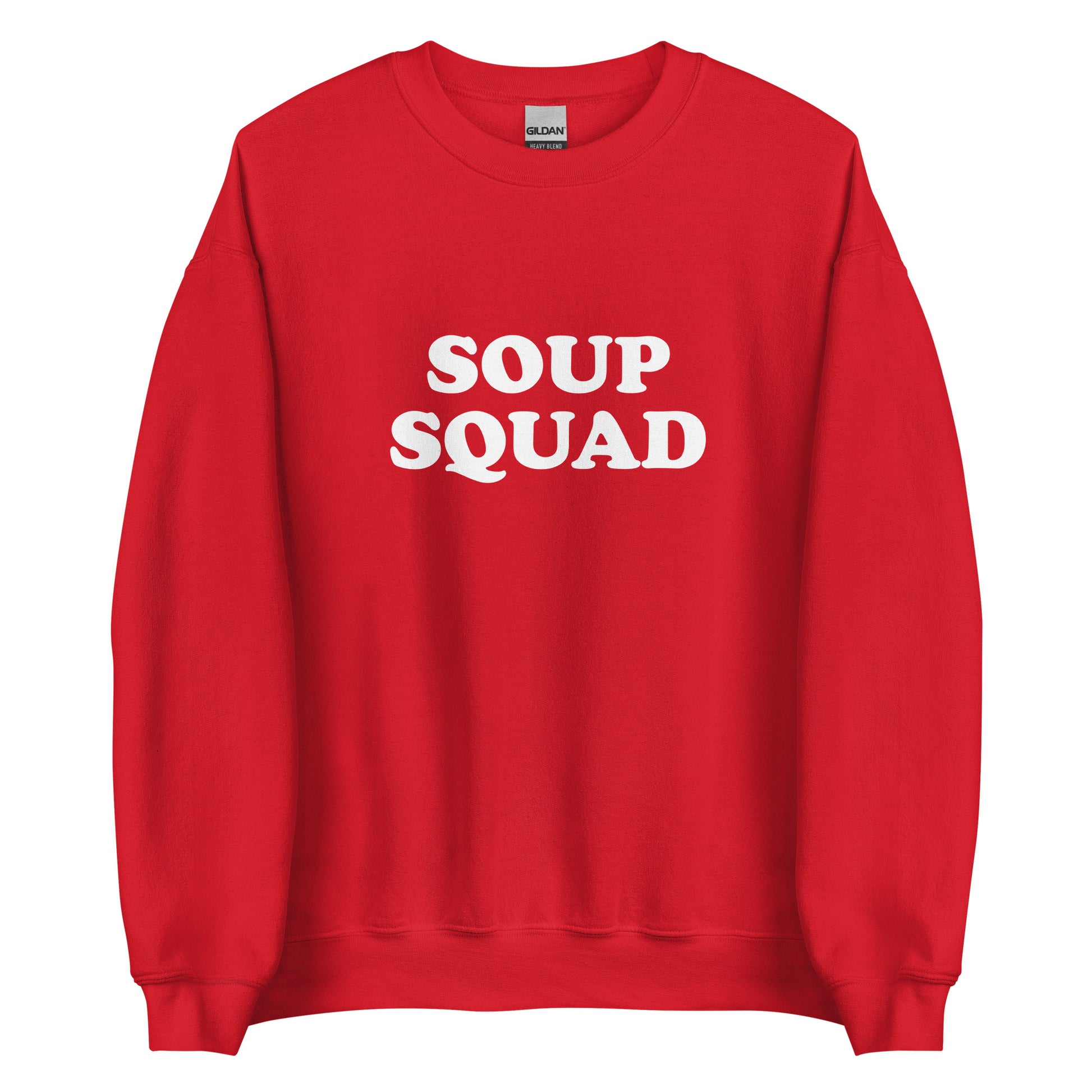 Red Soup Squad Crewneck Sweatshirt from Nina's Funky Shop by ninanush - Do you love soup? Looking for a funny gift? Our Soup Squad Crewneck Sweatshirt is soft, comfortable and just what you need. It's a unisex sweatshirt that comes in a variety of colors with "Soup Squad", expertly printed on the front. A unique and funny sweatshirt for cozy nights in or stand out Soup Lover streetwear.