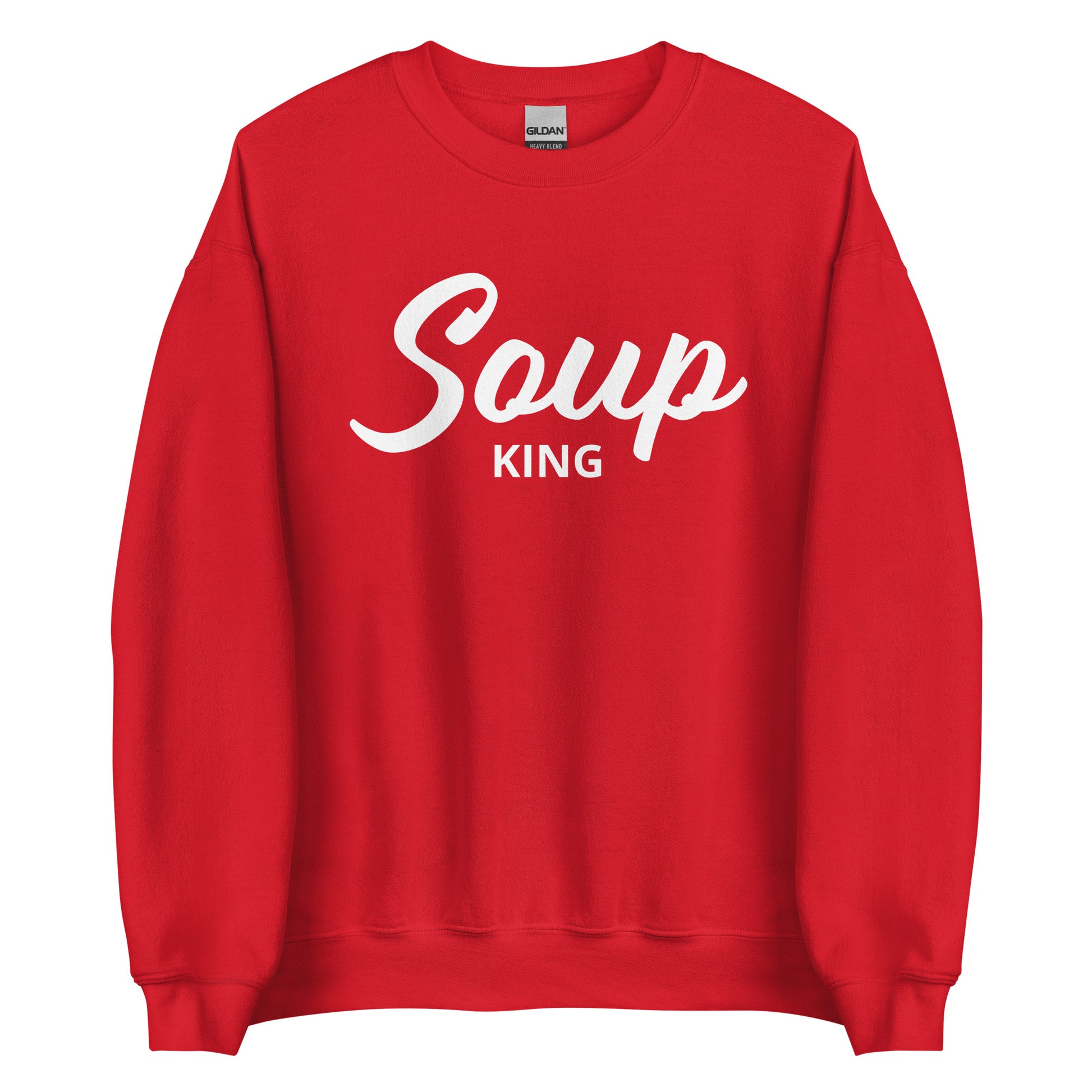 Red Soup King Sweatshirt from Nina's Funky Shop by ninanush - Do you love soup? Looking for a funny gift for a soup lover? Our Soup King Crewneck Sweatshirt is just what you need. It's a unisex soup sweatshirt that comes in a variety of colors with "soup king" on the front. This funny soup sweatshirt is made just for you. Celebrate your favorite foods in our funky foodie apparel.