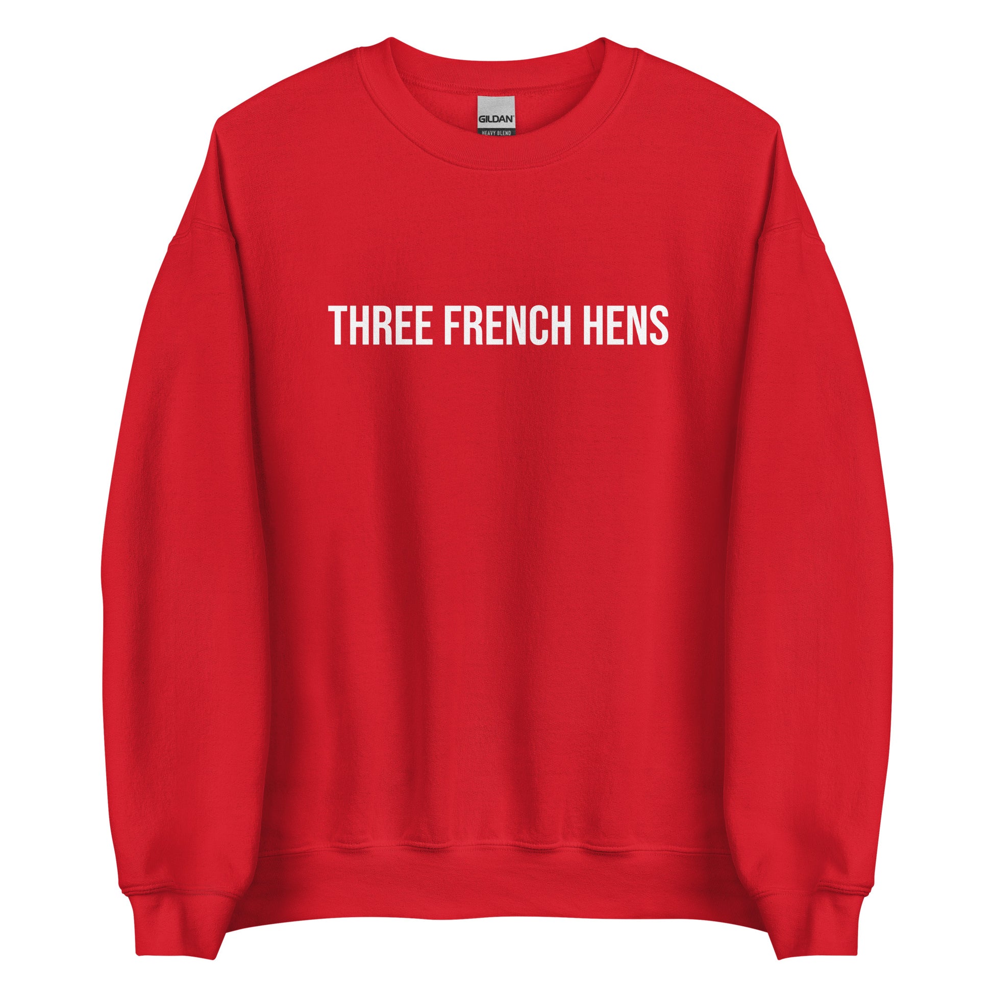 Red Three French Hens Sweatshirt from Nina's Funky Shop by ninanush - Looking for a unique holiday sweater? A funny Christmas gift? Our Three French Hens Crewneck Sweatshirt is made just for you. It comes in a variety of colors with "Three French Hens" on the front. Designed by Nina, this funny Christmas sweatshirt is perfect for a holiday party or a quirky sweatshirt for everyday.