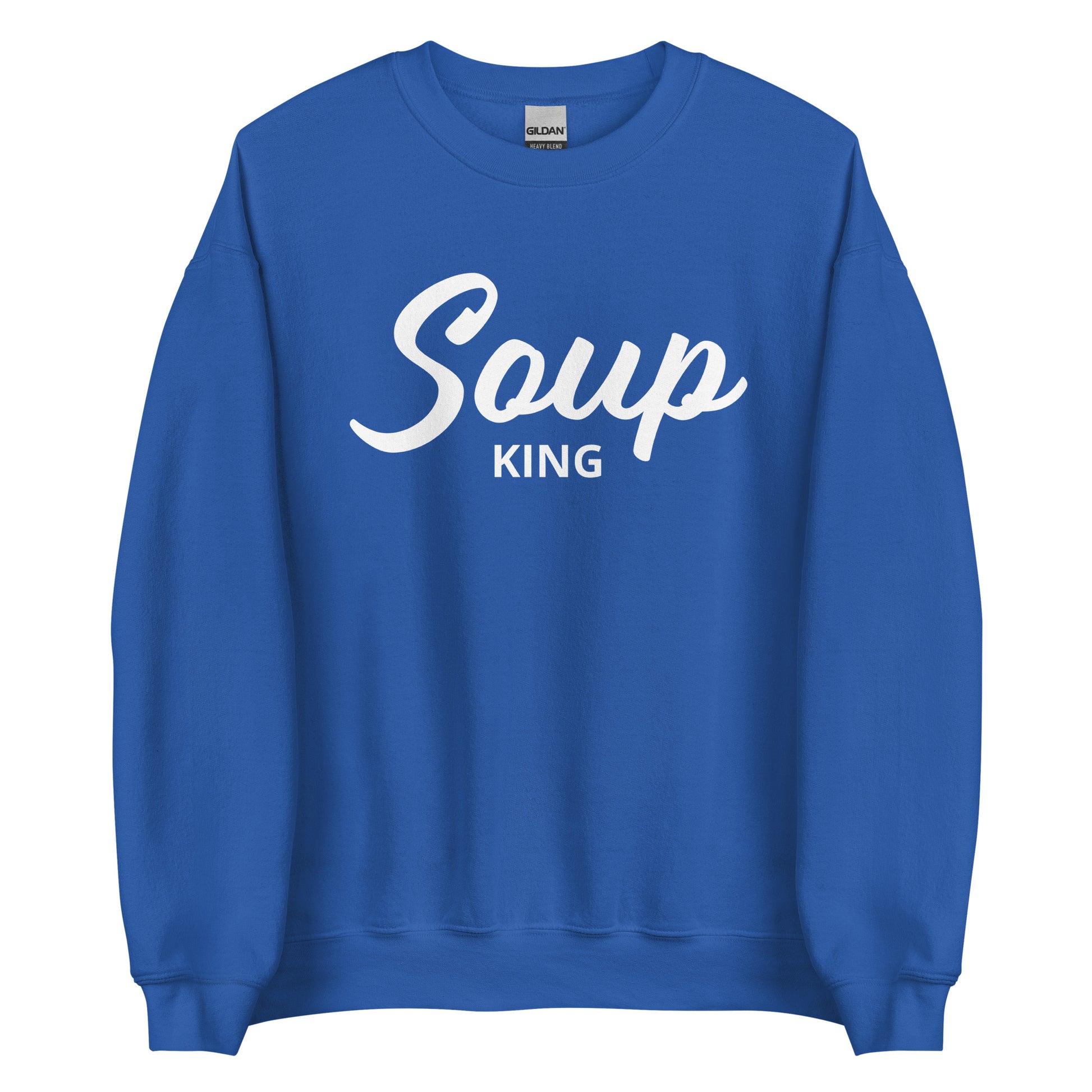 Royal Blue Soup King Sweatshirt from Nina's Funky Shop by ninanush - Do you love soup? Looking for a funny gift for a soup lover? Our Soup King Crewneck Sweatshirt is just what you need. It's a unisex soup sweatshirt that comes in a variety of colors with "soup king" on the front. This funny soup sweatshirt is made just for you. Celebrate your favorite foods in our funky foodie apparel.