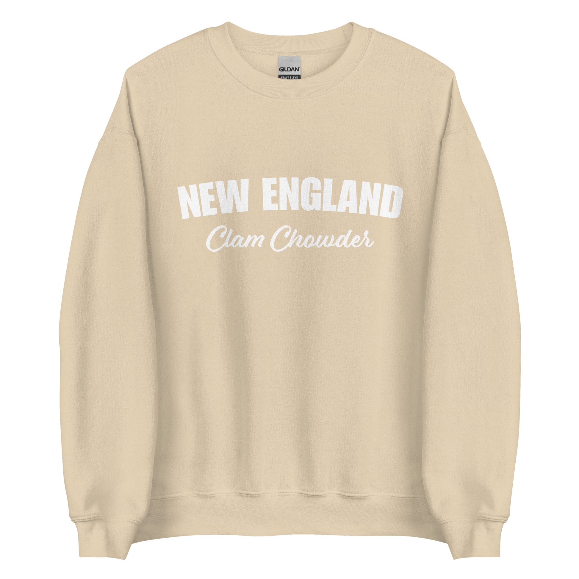 Tan New England Clam Chowder Sweatshirt from Nina's Funky Shop by ninanush - Do you love New England Clam Chowder? Looking for a gift for your favorite New Englander? Introducing our New England Clam Chowder Sweatshirt! It's soft, comfortable and a funny foodie sweatshirt for Chowder lovers. This crew neck sweatshirt comes in a variety of colors with "New England Clam Chowder" on the front.