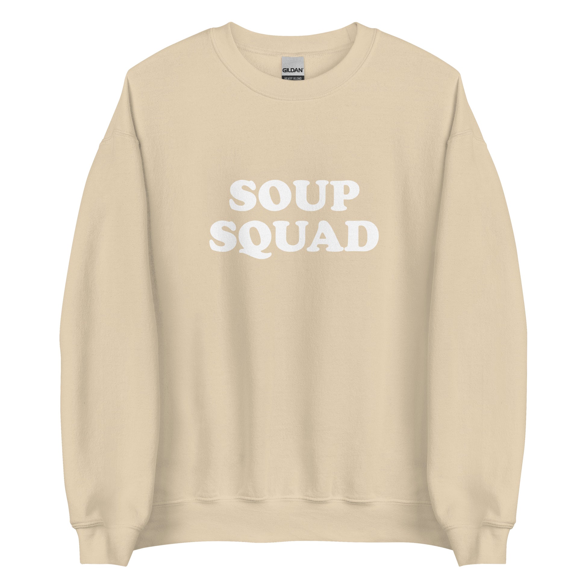Beige Soup Squad Crewneck Sweatshirt from Nina's Funky Shop by ninanush - Do you love soup? Looking for a funny gift? Our Soup Squad Crewneck Sweatshirt is soft, comfortable and just what you need. It's a unisex sweatshirt that comes in a variety of colors with "Soup Squad", expertly printed on the front. A unique and funny sweatshirt for cozy nights in or stand out Soup Lover streetwear.