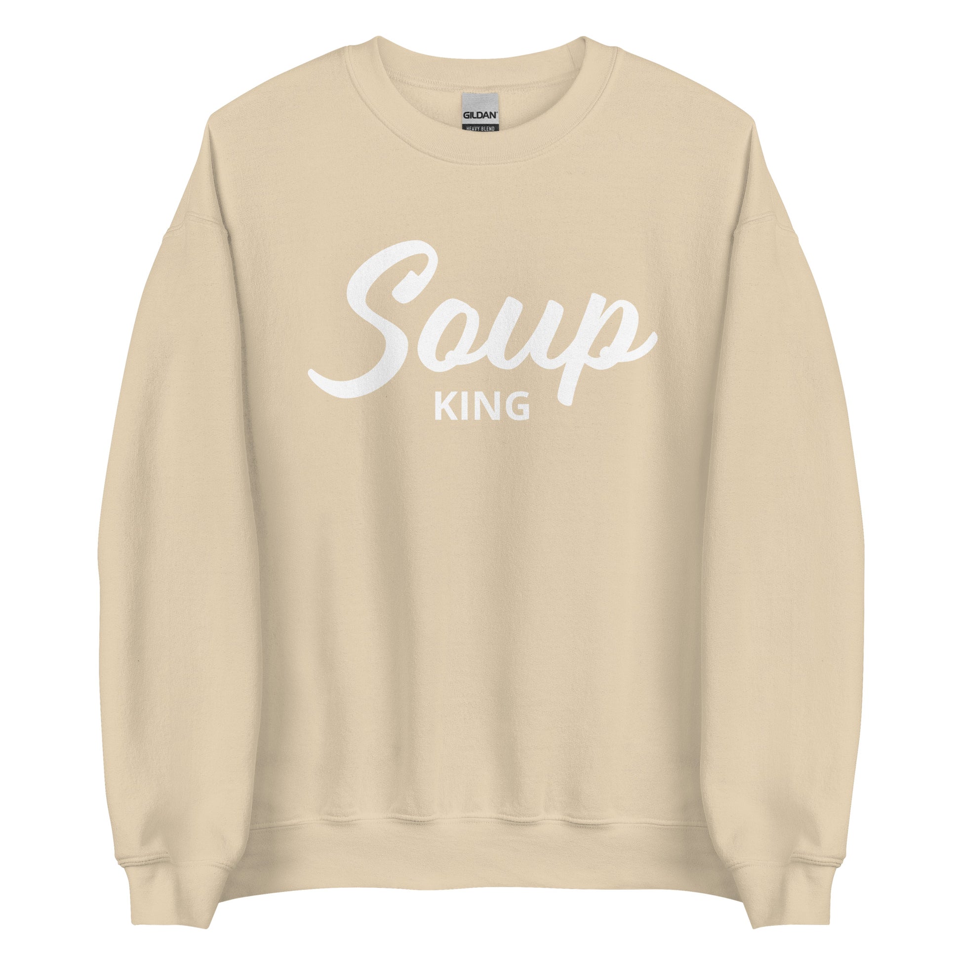 Beige Soup King Sweatshirt from Nina's Funky Shop by ninanush - Do you love soup? Looking for a funny gift for a soup lover? Our Soup King Crewneck Sweatshirt is just what you need. It's a unisex soup sweatshirt that comes in a variety of colors with "soup king" on the front. This funny soup sweatshirt is made just for you. Celebrate your favorite foods in our funky foodie apparel.