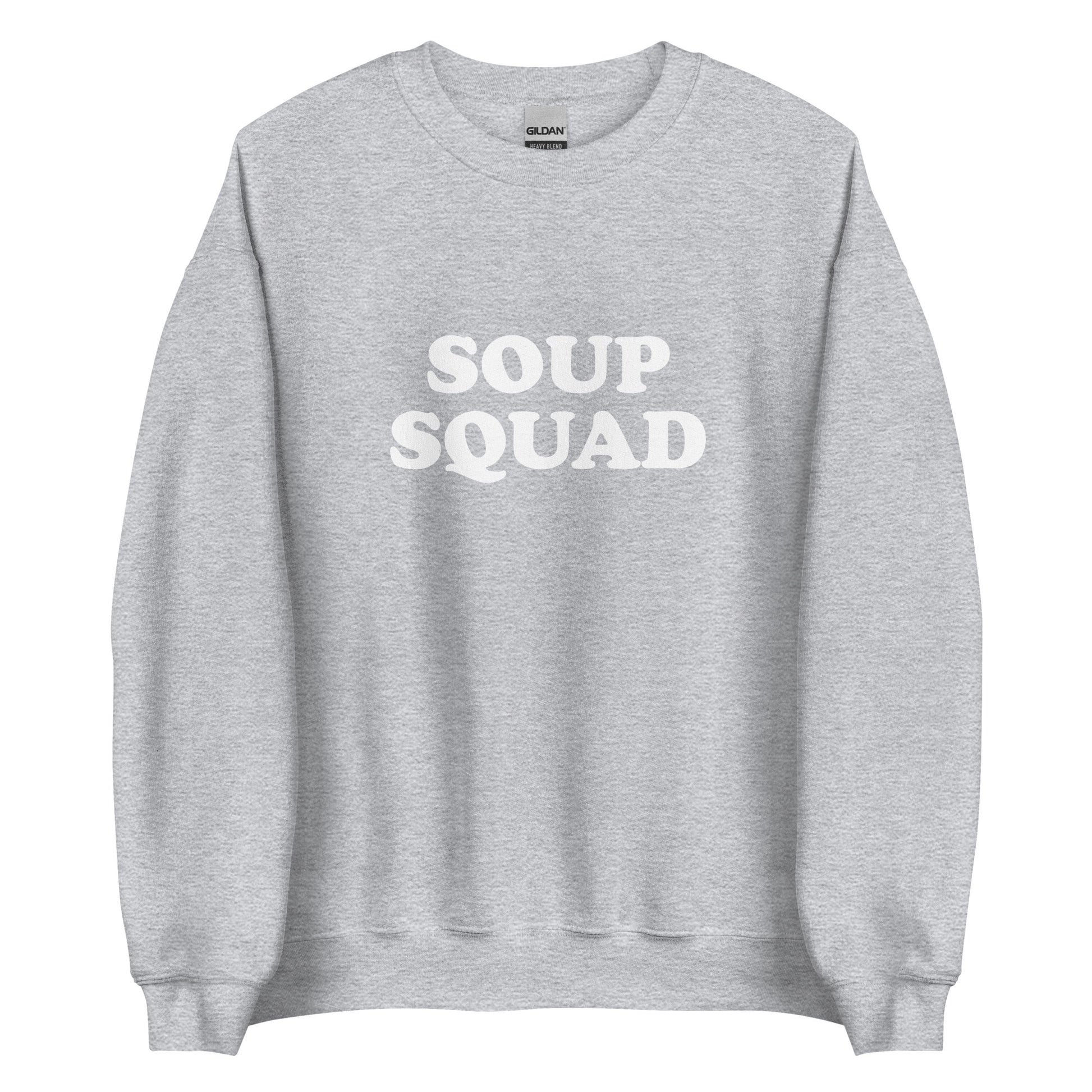 Light Gray Soup Squad Crewneck Sweatshirt from Nina's Funky Shop by ninanush - Do you love soup? Looking for a funny gift? Our Soup Squad Crewneck Sweatshirt is soft, comfortable and just what you need. It's a unisex sweatshirt that comes in a variety of colors with "Soup Squad", expertly printed on the front. A unique and funny sweatshirt for cozy nights in or stand out Soup Lover streetwear.