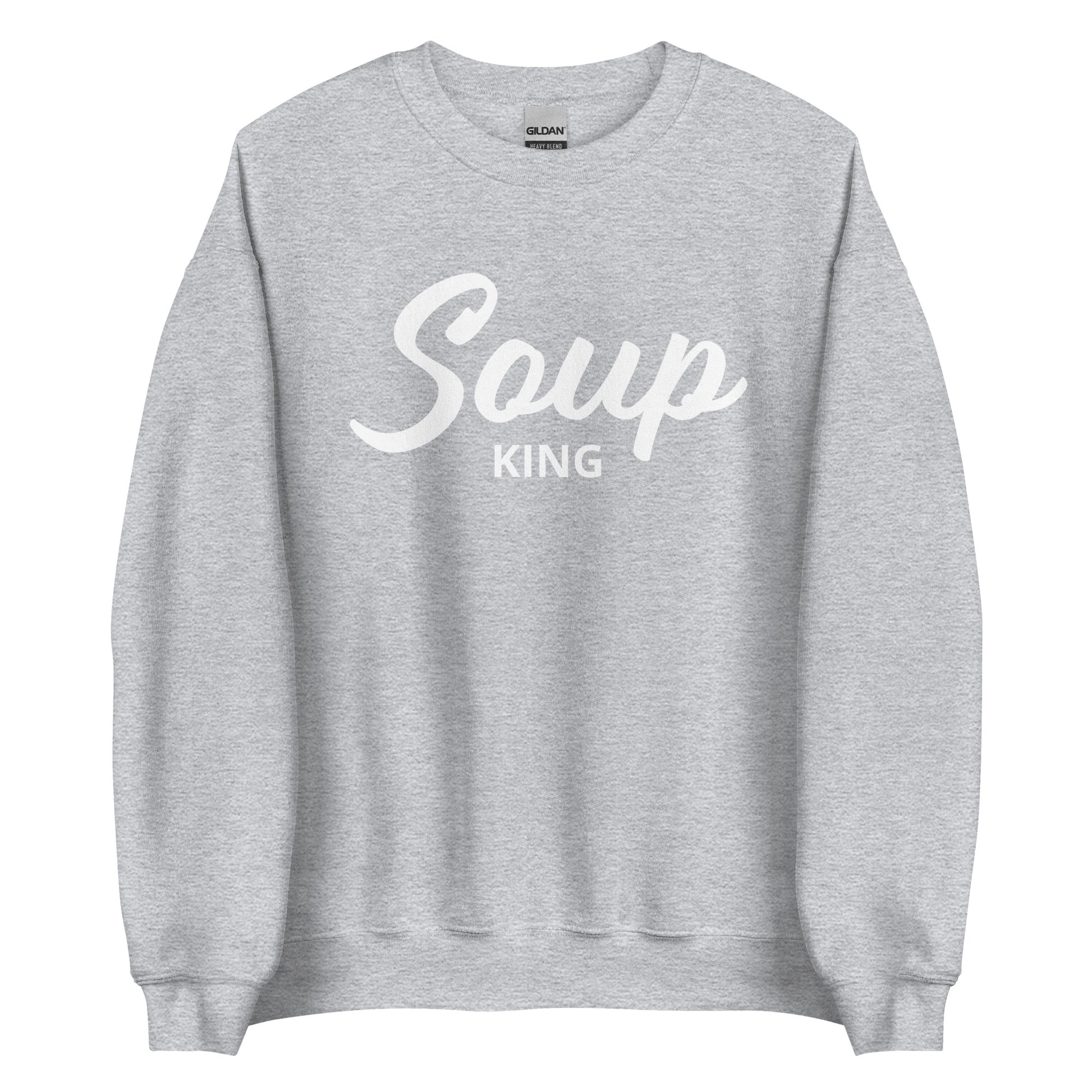 Light Gray Soup King Sweatshirt from Nina's Funky Shop by ninanush - Do you love soup? Looking for a funny gift for a soup lover? Our Soup King Crewneck Sweatshirt is just what you need. It's a unisex soup sweatshirt that comes in a variety of colors with "soup king" on the front. This funny soup sweatshirt is made just for you. Celebrate your favorite foods in our funky foodie apparel.