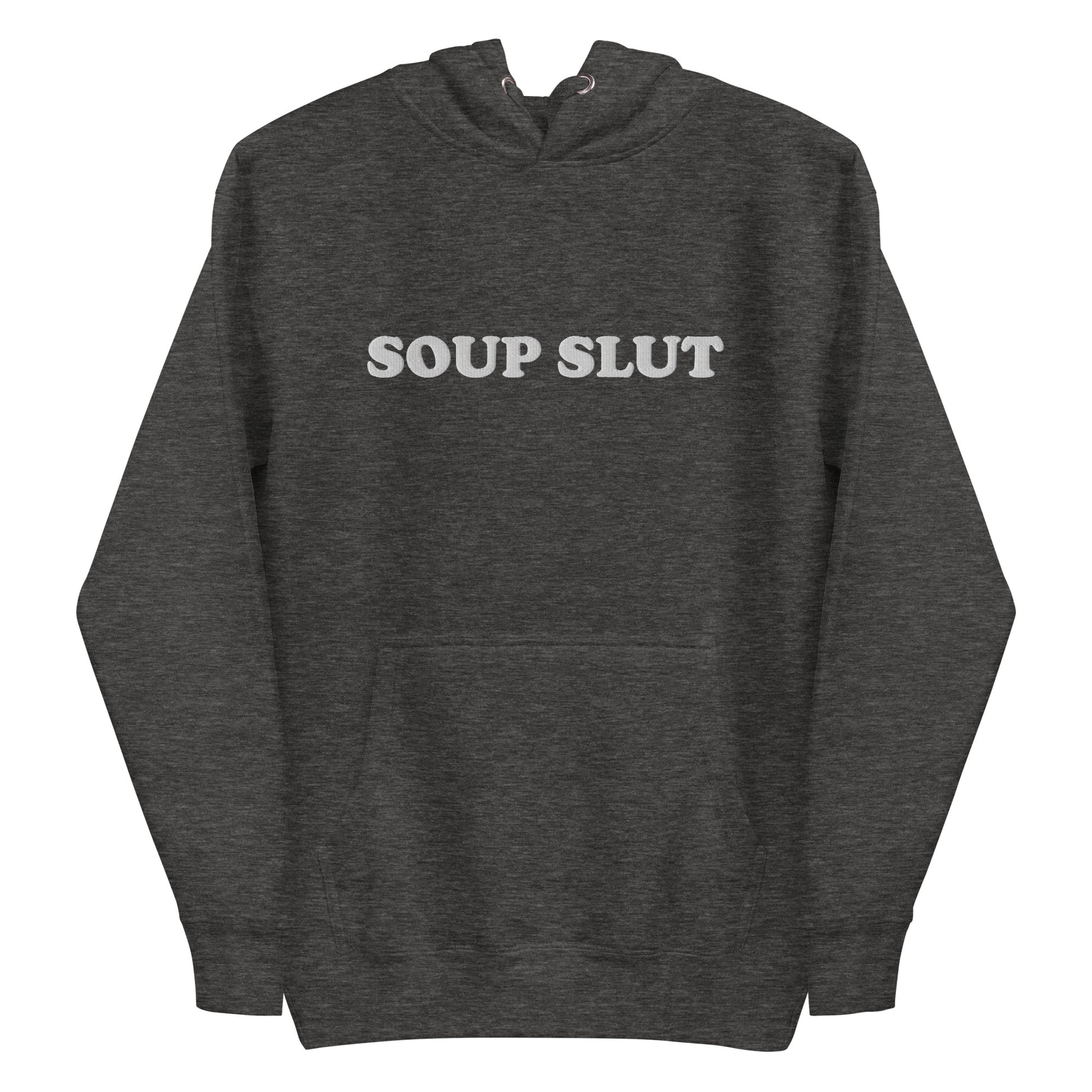 Gray Soup Slut Hoodie - It's always soup season! This Soup Slut Hoodie is soft, comfortable and just what you need. It's a unisex hoodie that comes in a variety of colors with "Soup Slut", expertly embroidered on the front. It's the perfect hoodie for soup season, designed by Nina and made just for you. Celebrate your favorite foods in our funky foodie clothing and accessories!