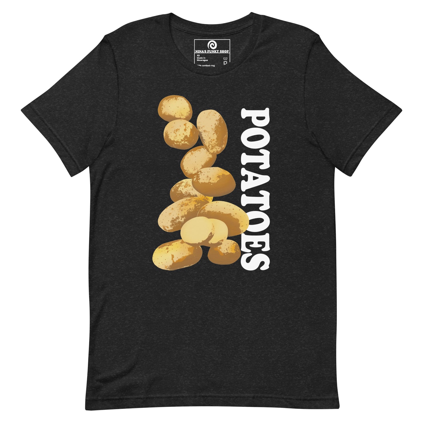 Dark Gray T-shirt with Potatoes Design - This unique potato t-shirt is soft, comfortable and made just for you. It comes in a variety of colors with a hand drawn potato design by Nina, expertly printed on the front. The perfect graphic tee for potato lovers and foodies of all kinds. Looking for something more personalized? Shoot us an email!