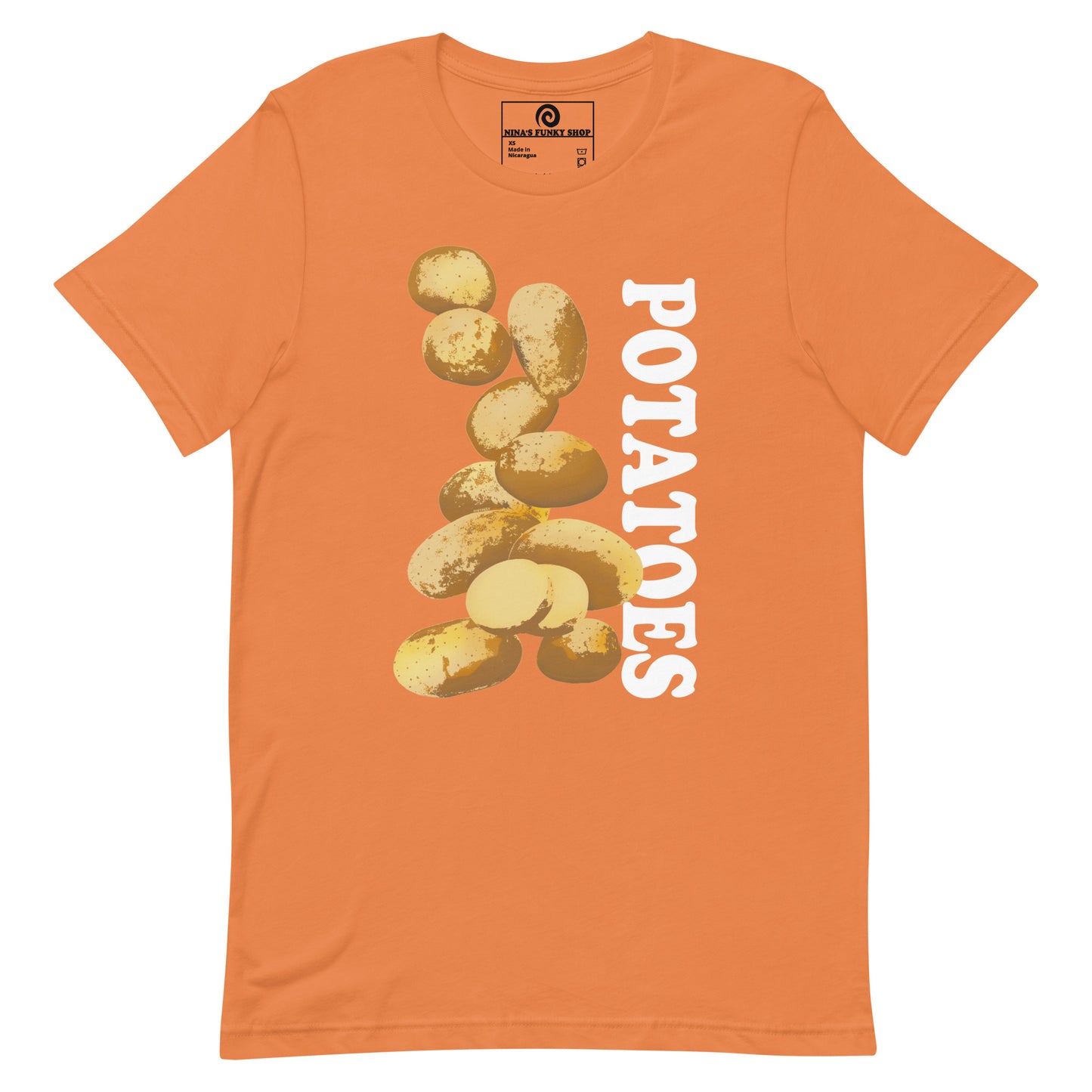 Orange T-shirt with Potatoes Design - This unique potato t-shirt is soft, comfortable and made just for you. It comes in a variety of colors with a hand drawn potato design by Nina, expertly printed on the front. The perfect graphic tee for potato lovers and foodies of all kinds. Looking for something more personalized? Shoot us an email!