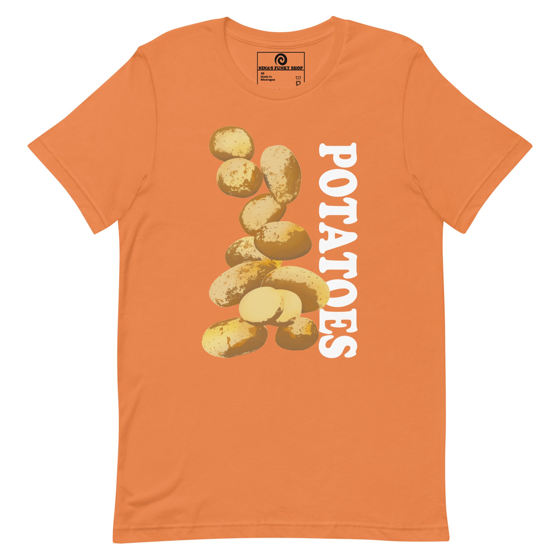 Orange T-shirt with Potatoes Design - This unique potato t-shirt is soft, comfortable and made just for you. It comes in a variety of colors with a hand drawn potato design by Nina, expertly printed on the front. The perfect graphic tee for potato lovers and foodies of all kinds. Looking for something more personalized? Shoot us an email!