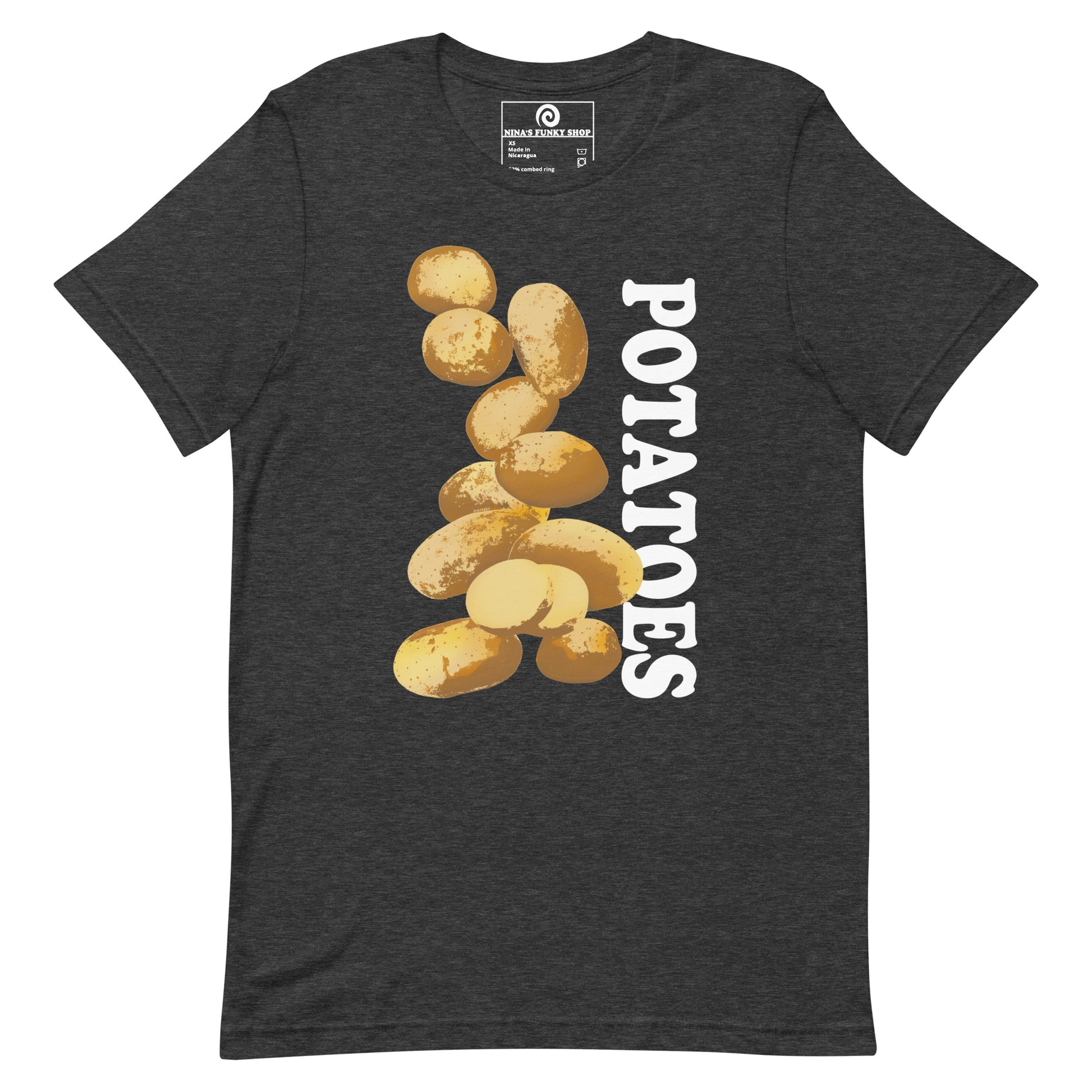 Dark Gray Heather T-shirt with Potatoes Design - This unique potato t-shirt is soft, comfortable and made just for you. It comes in a variety of colors with a hand drawn potato design by Nina, expertly printed on the front. The perfect graphic tee for potato lovers and foodies of all kinds. Looking for something more personalized? Shoot us an email!