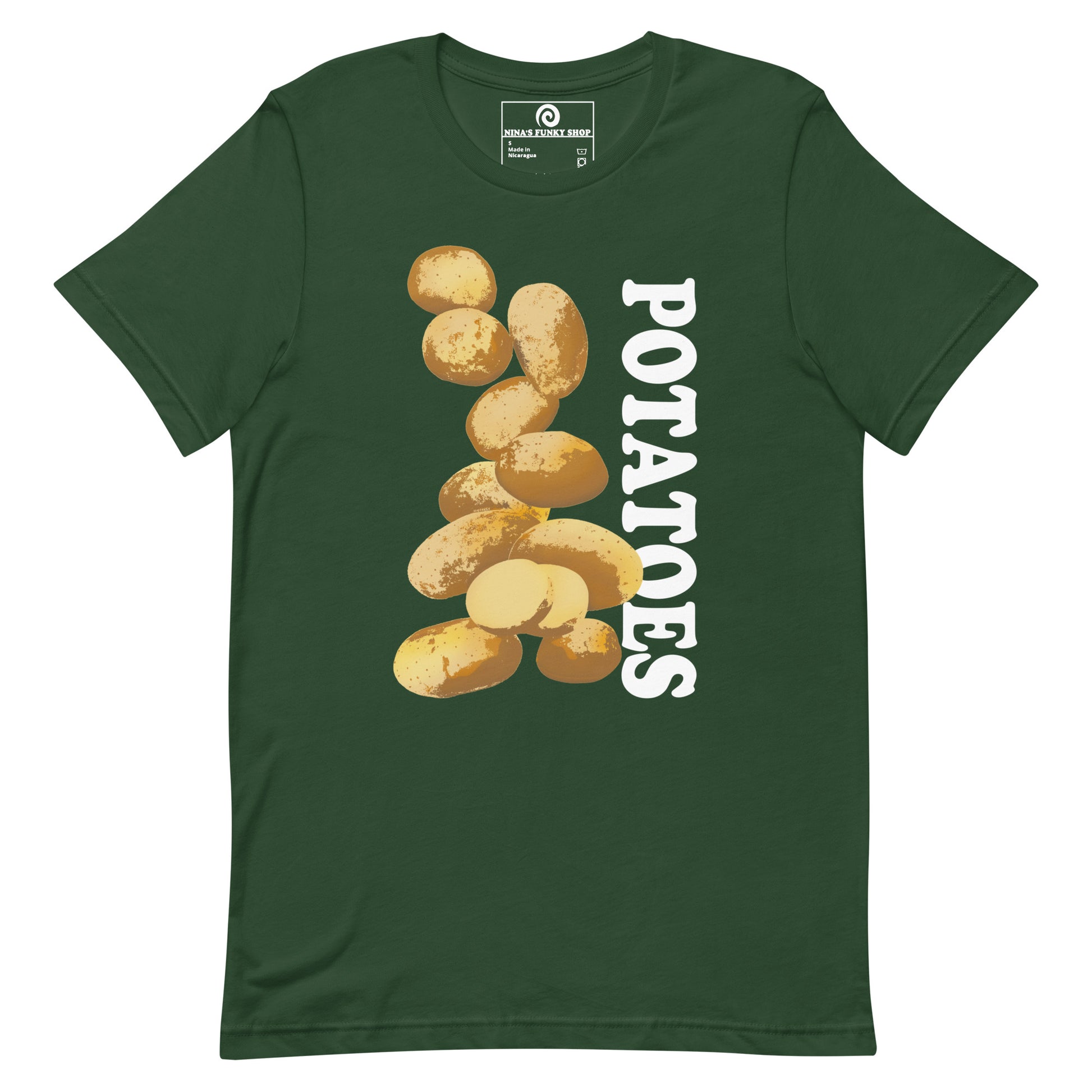 Forest Green T-shirt with Potatoes Design - This unique potato t-shirt is soft, comfortable and made just for you. It comes in a variety of colors with a hand drawn potato design by Nina, expertly printed on the front. The perfect graphic tee for potato lovers and foodies of all kinds. Looking for something more personalized? Shoot us an email!