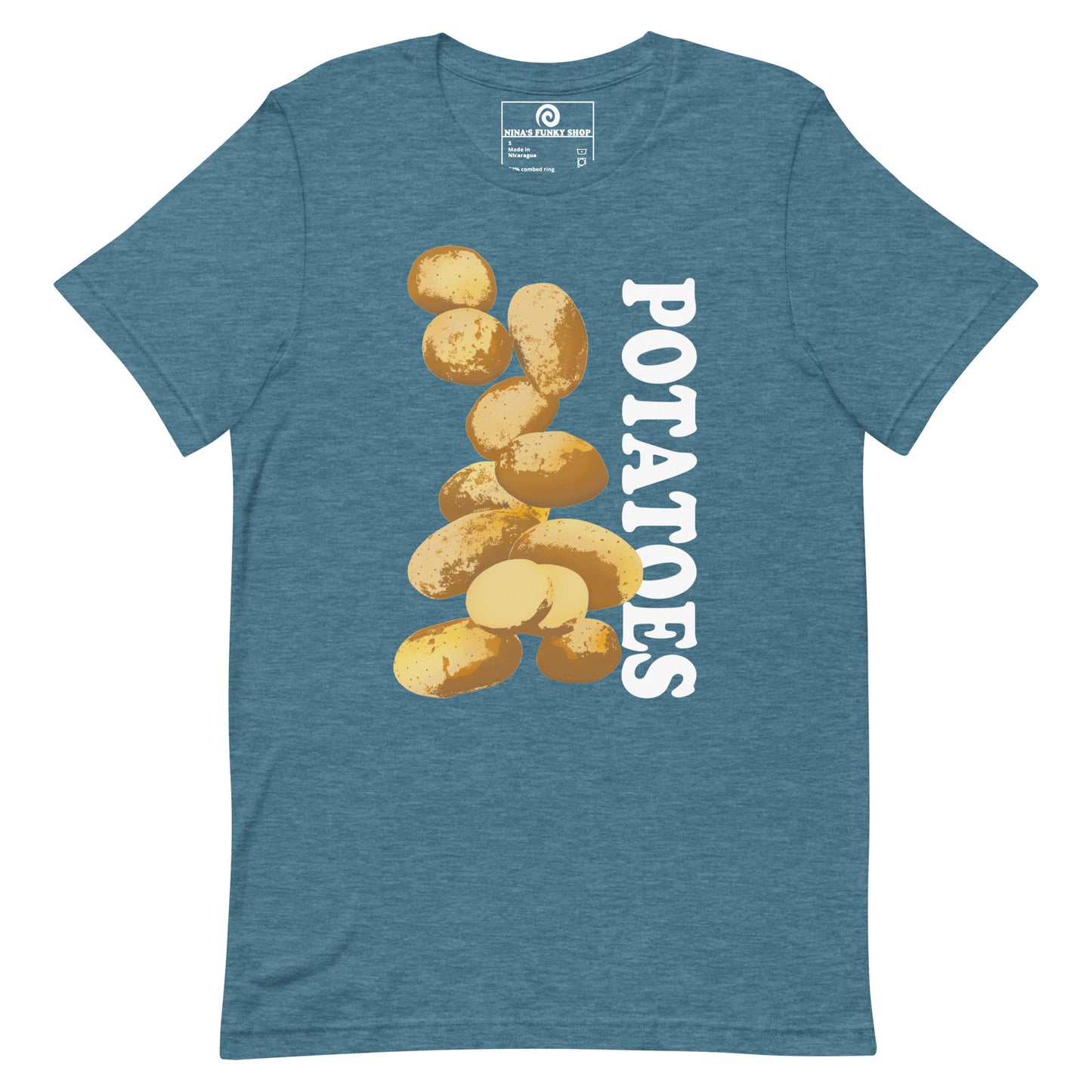 Heather Teal T-shirt with Potatoes Design - This unique potato t-shirt is soft, comfortable and made just for you. It comes in a variety of colors with a hand drawn potato design by Nina, expertly printed on the front. The perfect graphic tee for potato lovers and foodies of all kinds. Looking for something more personalized? Shoot us an email!