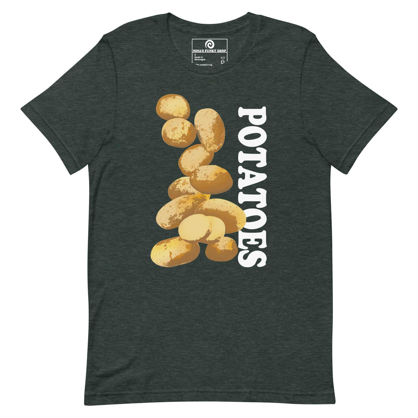 Heather Forest Green T-shirt with Potatoes Design - This unique potato t-shirt is soft, comfortable and made just for you. It comes in a variety of colors with a hand drawn potato design by Nina, expertly printed on the front. The perfect graphic tee for potato lovers and foodies of all kinds. Looking for something more personalized? Shoot us an email!