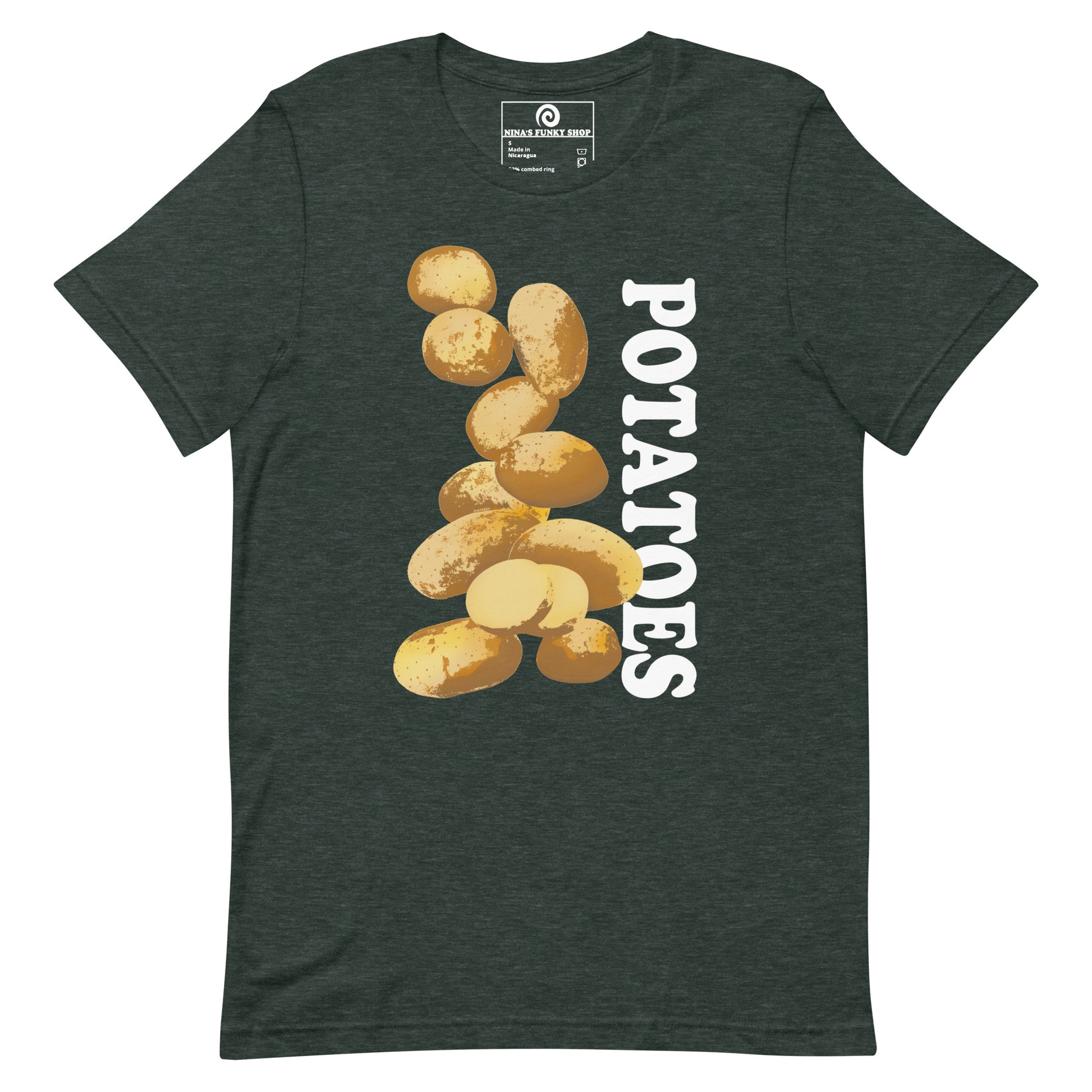Heather Forest Green T-shirt with Potatoes Design - This unique potato t-shirt is soft, comfortable and made just for you. It comes in a variety of colors with a hand drawn potato design by Nina, expertly printed on the front. The perfect graphic tee for potato lovers and foodies of all kinds. Looking for something more personalized? Shoot us an email!
