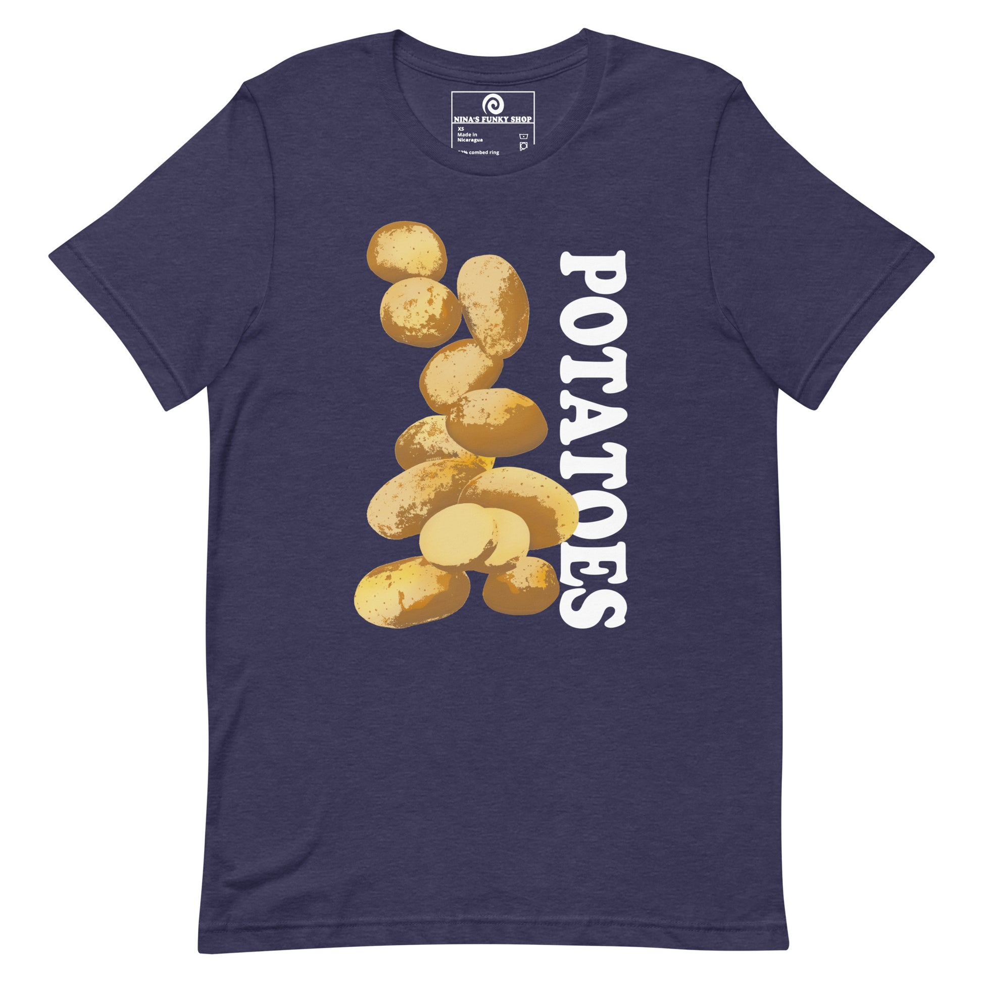 Heather Navy T-shirt with Potatoes Design - This unique potato t-shirt is soft, comfortable and made just for you. It comes in a variety of colors with a hand drawn potato design by Nina, expertly printed on the front. The perfect graphic tee for potato lovers and foodies of all kinds. Looking for something more personalized? Shoot us an email!