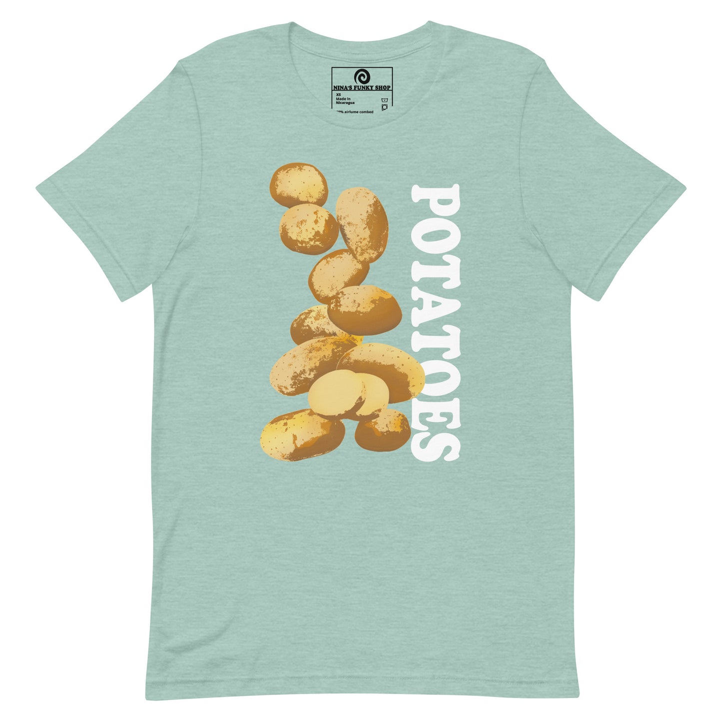 Light Blue T-shirt with Potatoes Design - This unique potato t-shirt is soft, comfortable and made just for you. It comes in a variety of colors with a hand drawn potato design by Nina, expertly printed on the front. The perfect graphic tee for potato lovers and foodies of all kinds. Looking for something more personalized? Shoot us an email!