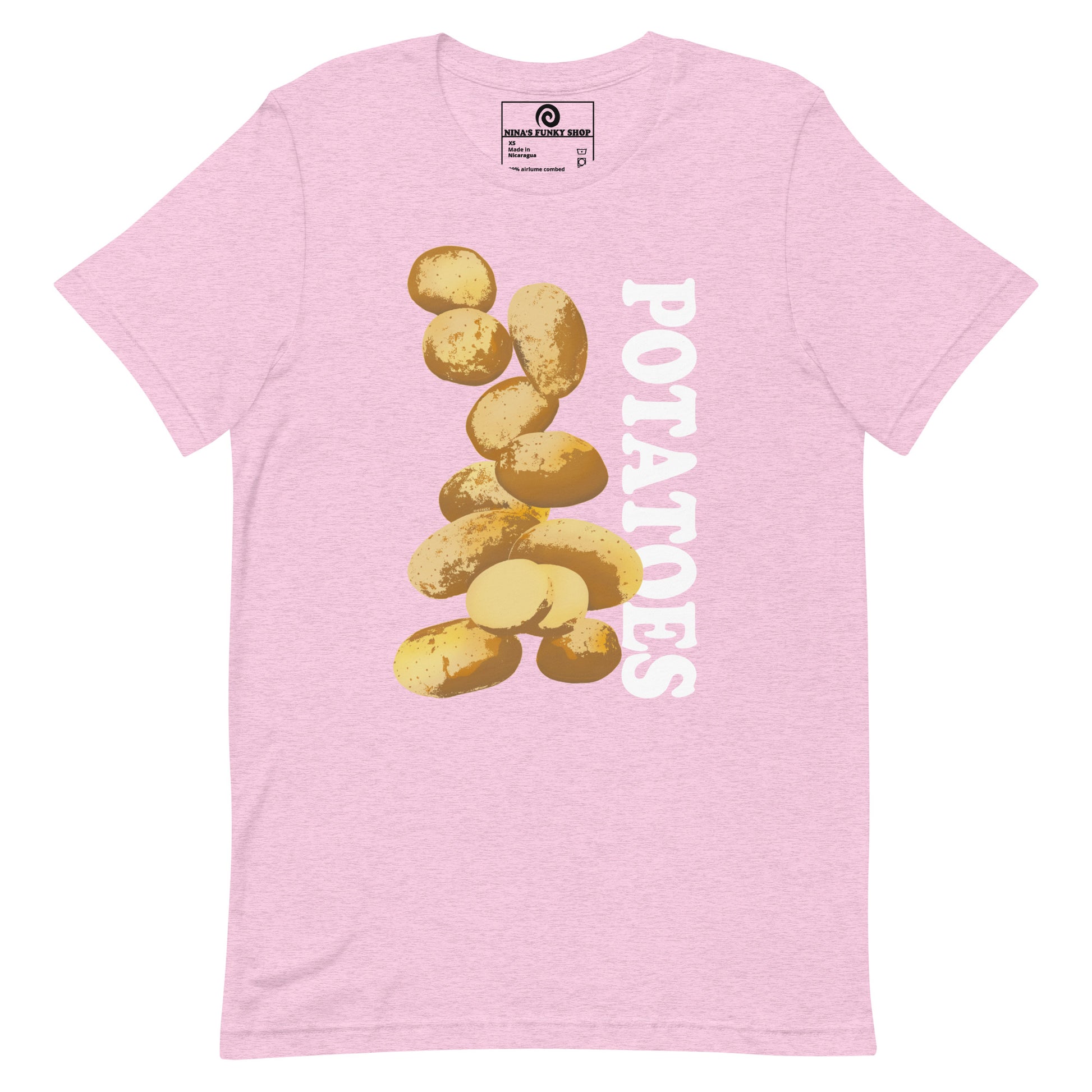 Pink T-shirt with Potatoes Design - This unique potato t-shirt is soft, comfortable and made just for you. It comes in a variety of colors with a hand drawn potato design by Nina, expertly printed on the front. The perfect graphic tee for potato lovers and foodies of all kinds. Looking for something more personalized? Shoot us an email!