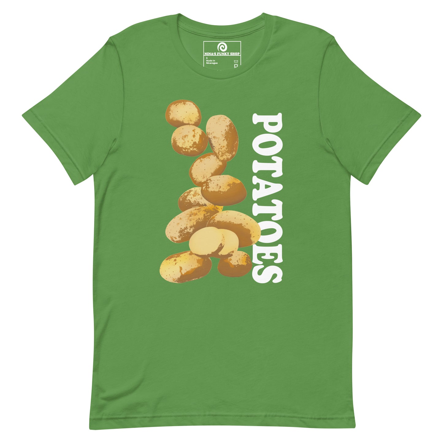 Leaf Green T-shirt with Potatoes Design - This unique potato t-shirt is soft, comfortable and made just for you. It comes in a variety of colors with a hand drawn potato design by Nina, expertly printed on the front. The perfect graphic tee for potato lovers and foodies of all kinds. Looking for something more personalized? Shoot us an email!