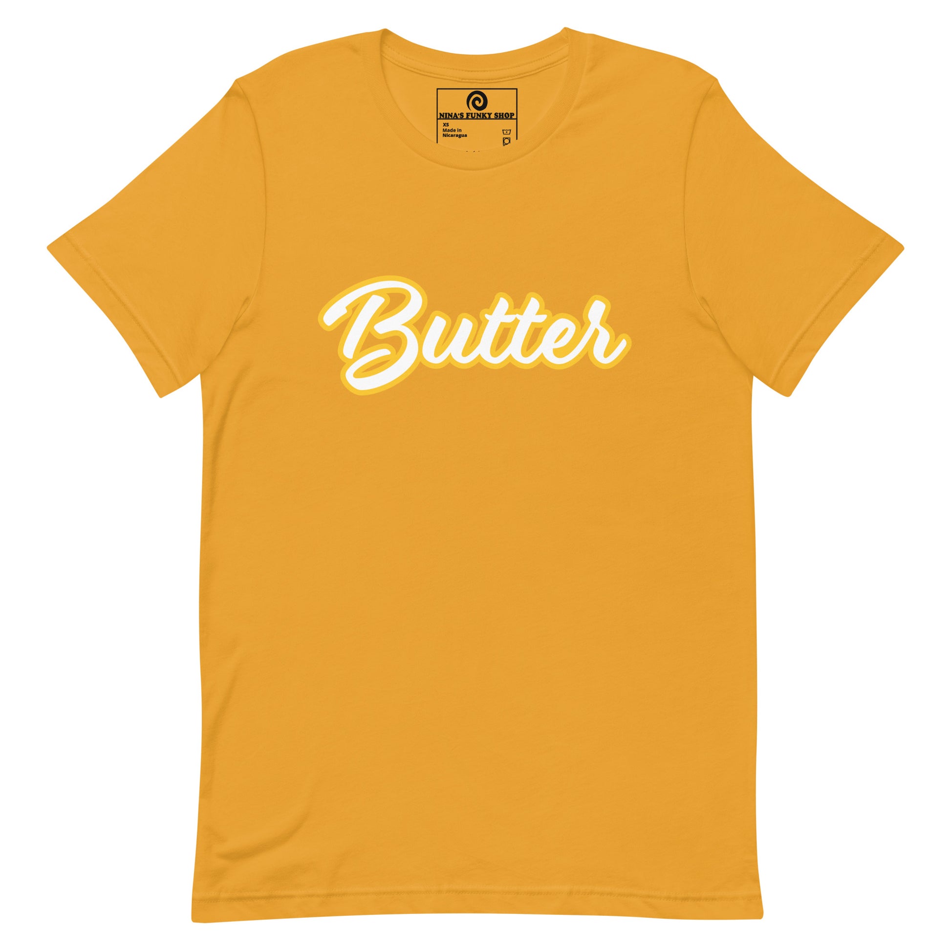 Mustard T-Shirt with Funny Food Design - Are you a butter enthusiast? Looking for a unique gift? This butter t-shirt is soft, comfortable and perfect for foodies of all kinds. It comes in a variety of colors with "Butter", expertly printed across the front. Eat your favorite foods in style or give this funny food t-shirt as a gift for a fellow butter lover.