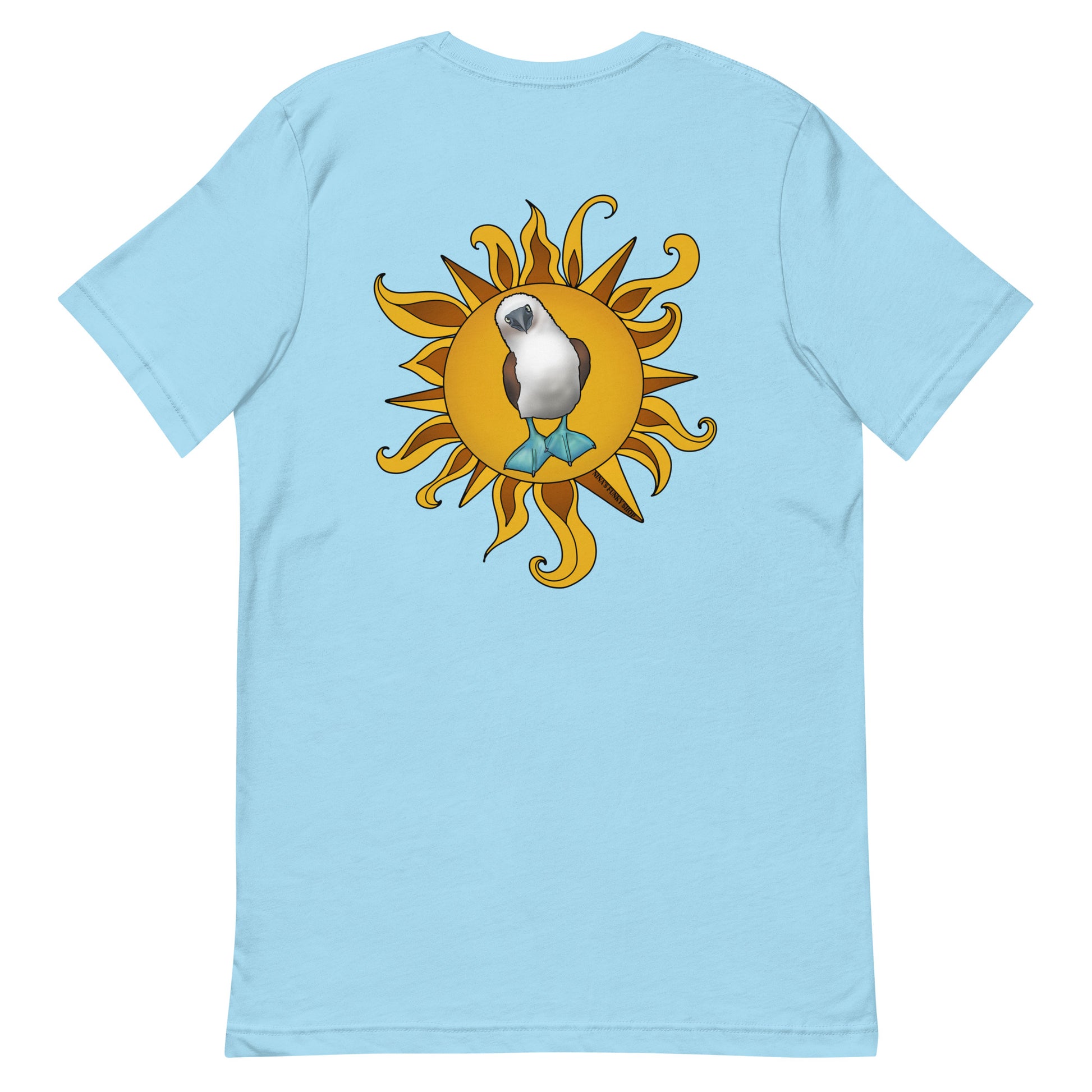 Blue Blue-Footed Booby T-shirt - Our Blue-Footed Booby T-Shirt is soft, comfortable and comes in a variety of colors. It's a classic cotton tee with a hand drawn blue-footed booby design, expertly printed on the front and back. This funky graphic tee is totally unique, designed by Nina and made just for you! Looking for something personalized? Shoot us an email!