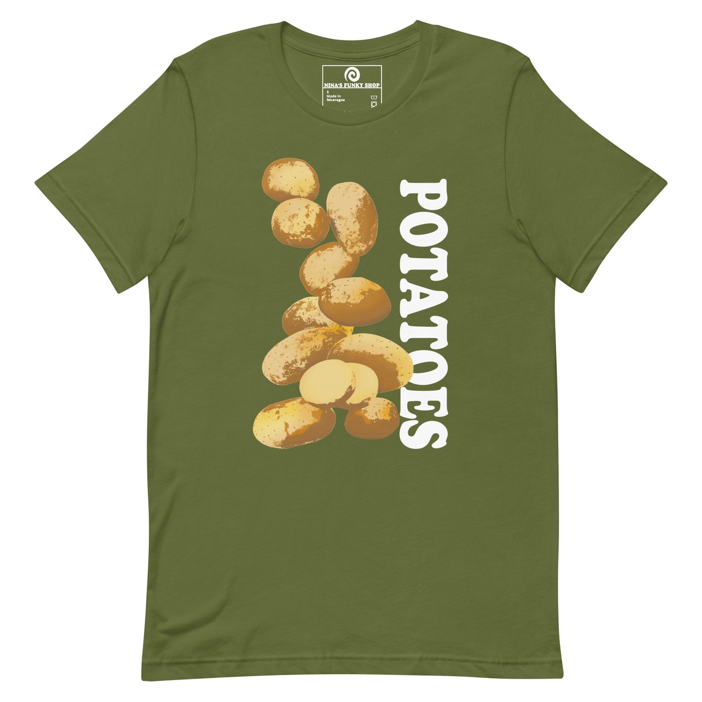 Green T-shirt with Potatoes Design - This unique potato t-shirt is soft, comfortable and made just for you. It comes in a variety of colors with a hand drawn potato design by Nina, expertly printed on the front. The perfect graphic tee for potato lovers and foodies of all kinds. Looking for something more personalized? Shoot us an email!