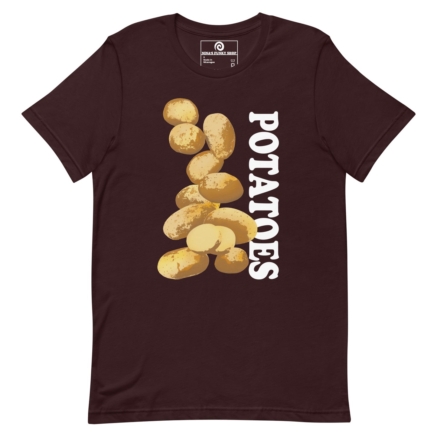 Dark Red T-shirt with Potatoes Design - This unique potato t-shirt is soft, comfortable and made just for you. It comes in a variety of colors with a hand drawn potato design by Nina, expertly printed on the front. The perfect graphic tee for potato lovers and foodies of all kinds. Looking for something more personalized? Shoot us an email!