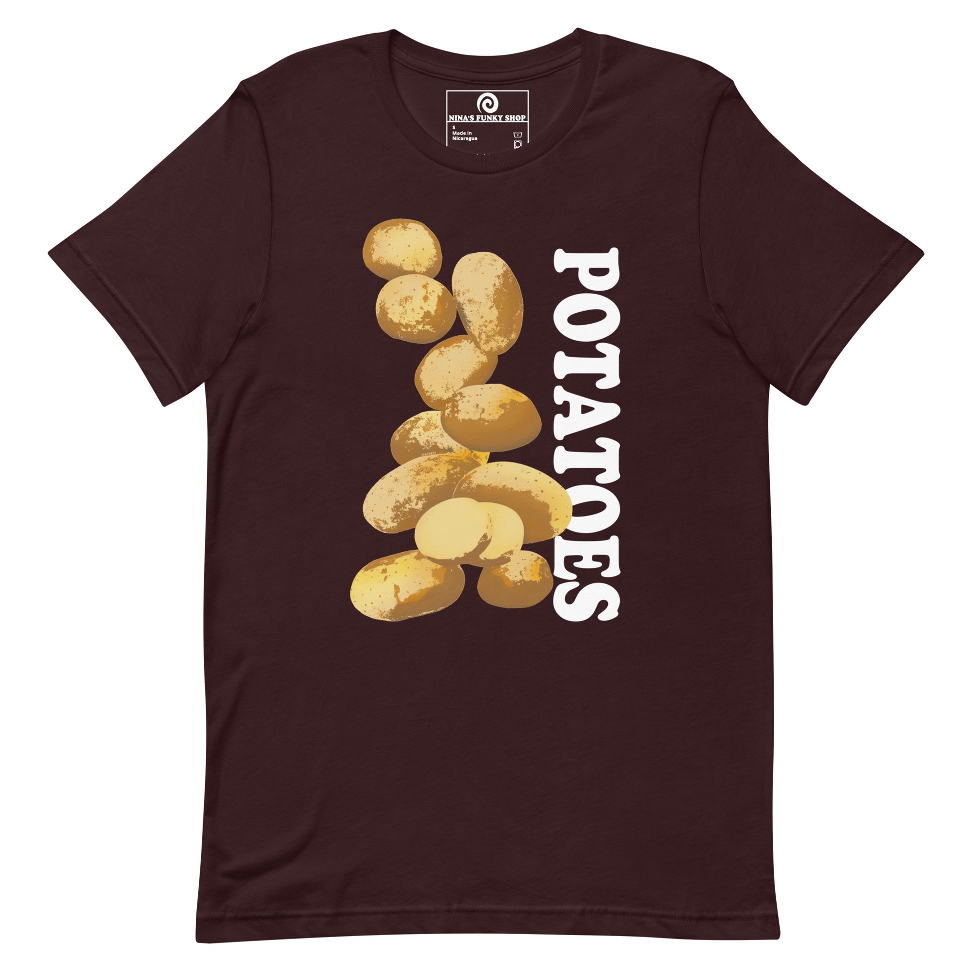 Dark Red T-shirt with Potatoes Design - This unique potato t-shirt is soft, comfortable and made just for you. It comes in a variety of colors with a hand drawn potato design by Nina, expertly printed on the front. The perfect graphic tee for potato lovers and foodies of all kinds. Looking for something more personalized? Shoot us an email!