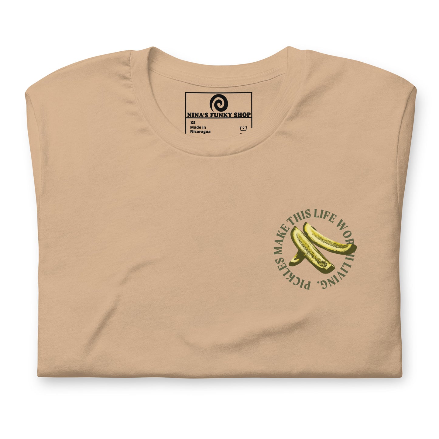 Tan Pickles T-shirt - What makes your life worth living? If the answer is pickles...this funky pickles t-shirt is just what you need! Our Pickles Make This Life Worth Living T-shirt is soft, comfortable and comes in a variety of colors with a unique pickle design, expertly printed on the front and back. A funny foodie t-shirt for pickles lovers and foodies of all kinds.