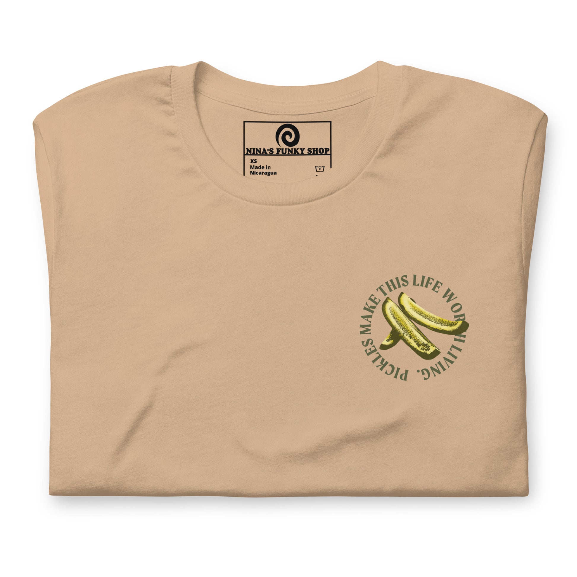 Tan Pickles T-shirt - What makes your life worth living? If the answer is pickles...this funky pickles t-shirt is just what you need! Our Pickles Make This Life Worth Living T-shirt is soft, comfortable and comes in a variety of colors with a unique pickle design, expertly printed on the front and back. A funny foodie t-shirt for pickles lovers and foodies of all kinds.