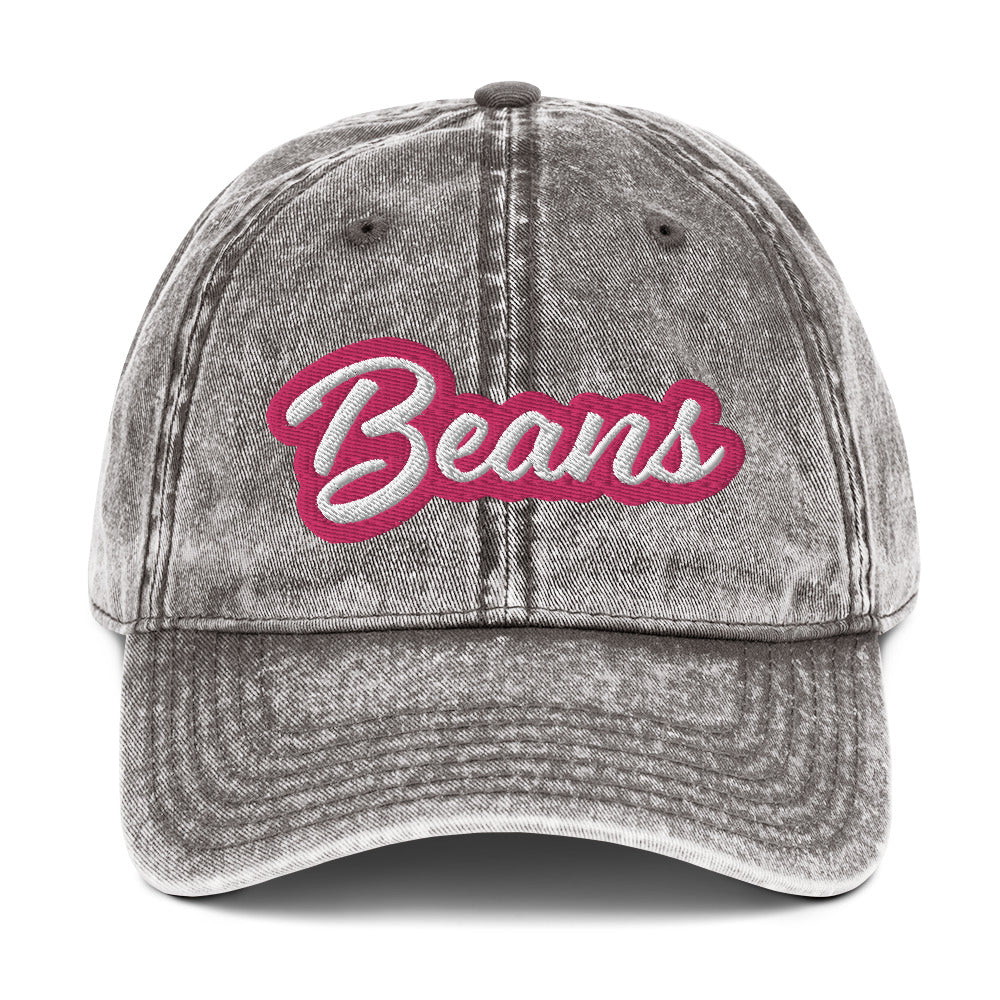 Gray beans dad hat - This Beans dad hat is comfortable, adjustable and is made just for you. It's a classic unstructured hat with the word "Beans" embroidered on the front in pink and white. This vintage-style bean enthusiast dad hat for foodies and bean lovers. It comes in a variety of stylish faded colors and is the perfect weird gift.